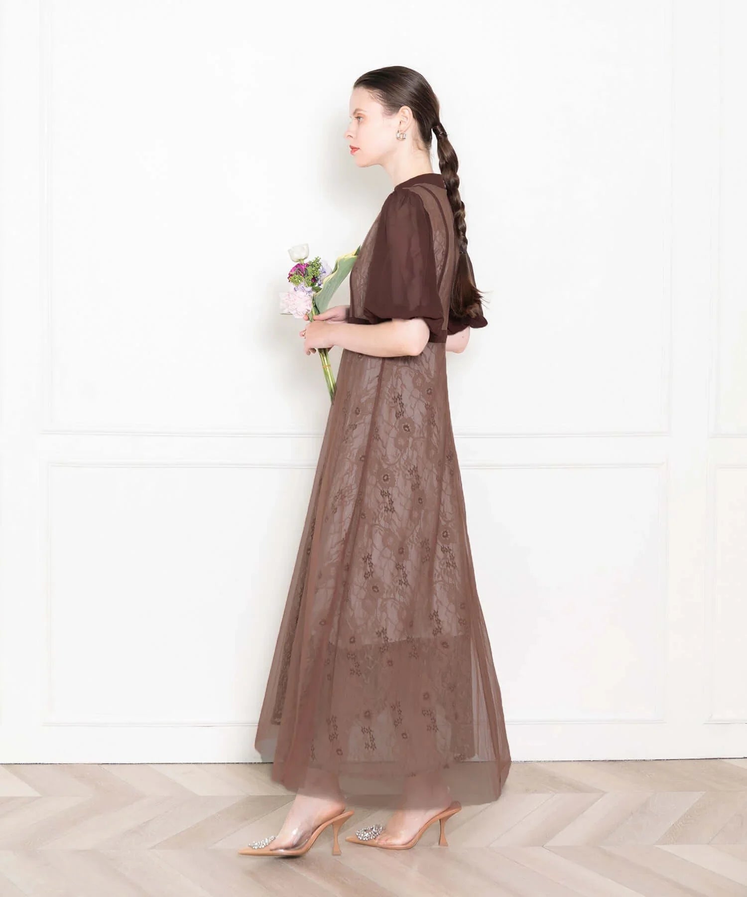 【當天出貨】高腰薄紗蕾絲A字連身裙