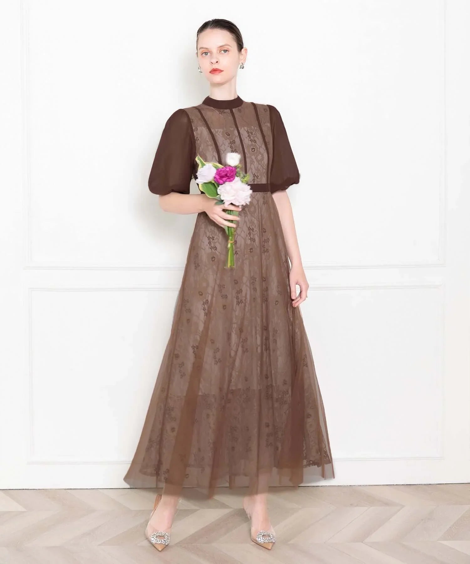 【當天出貨】高腰薄紗蕾絲A字連身裙