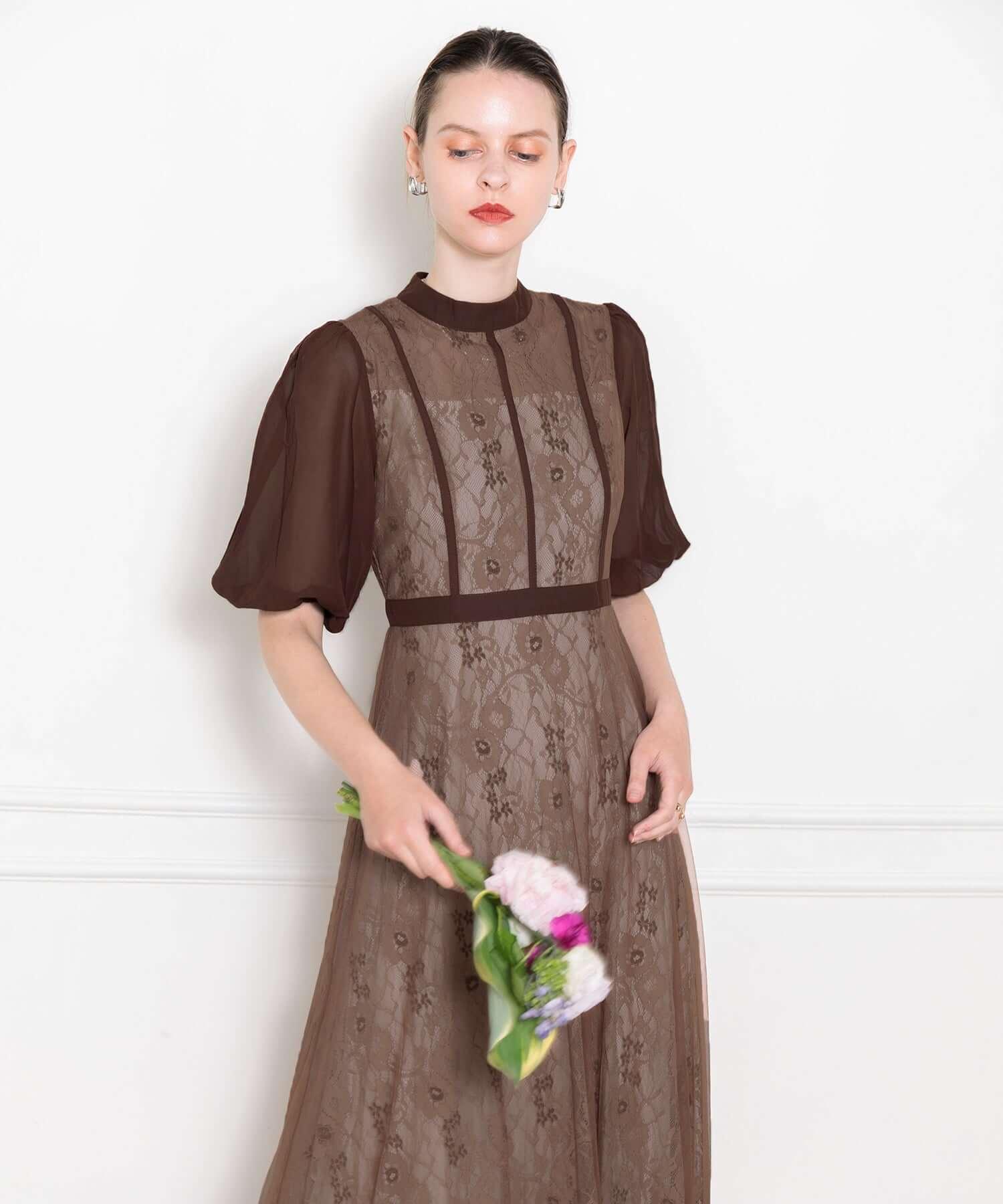 【當天出貨】高腰薄紗蕾絲A字連身裙