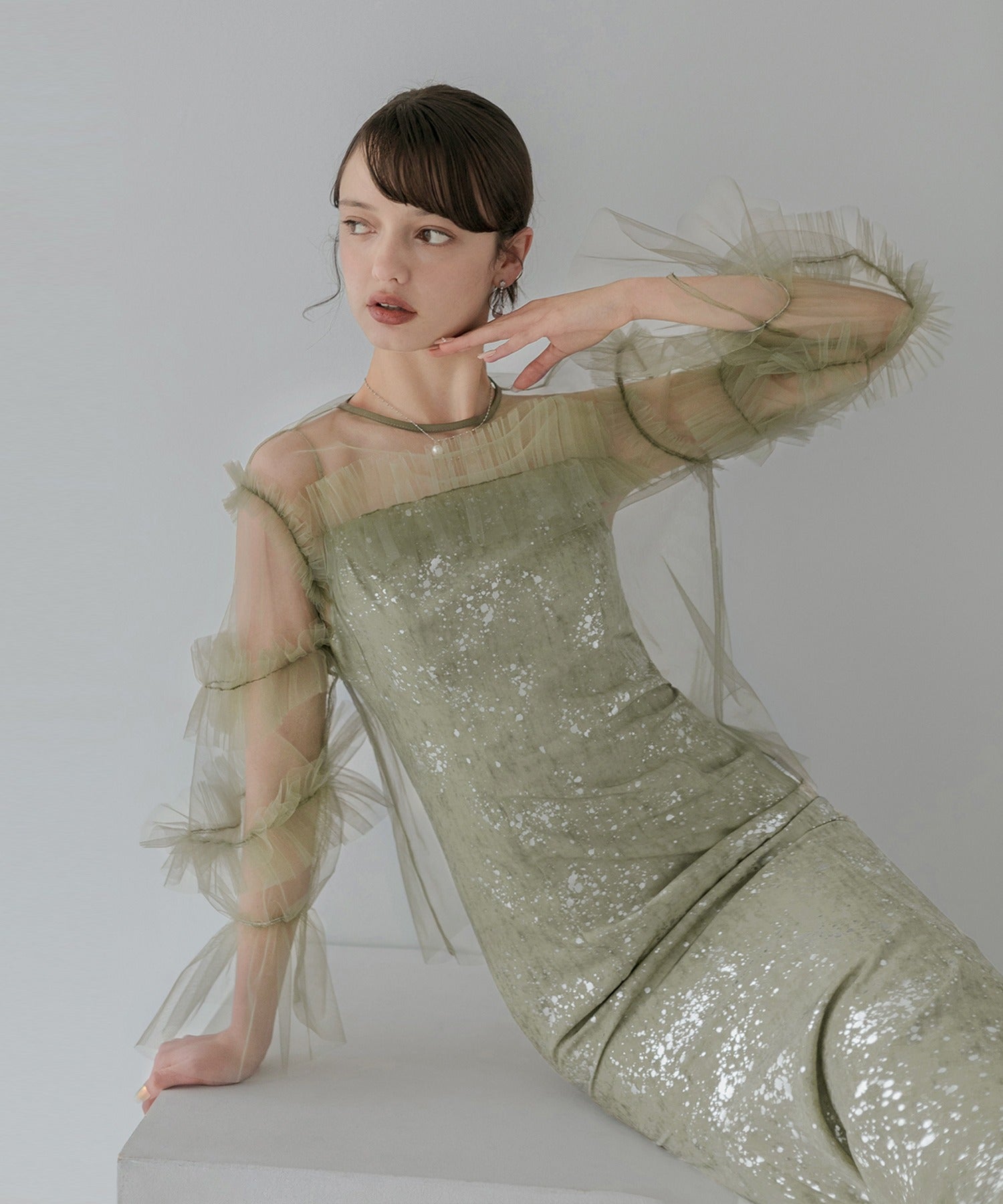 【SOLD OUT】チュールフリルペイントマーメイドワンピースドレス