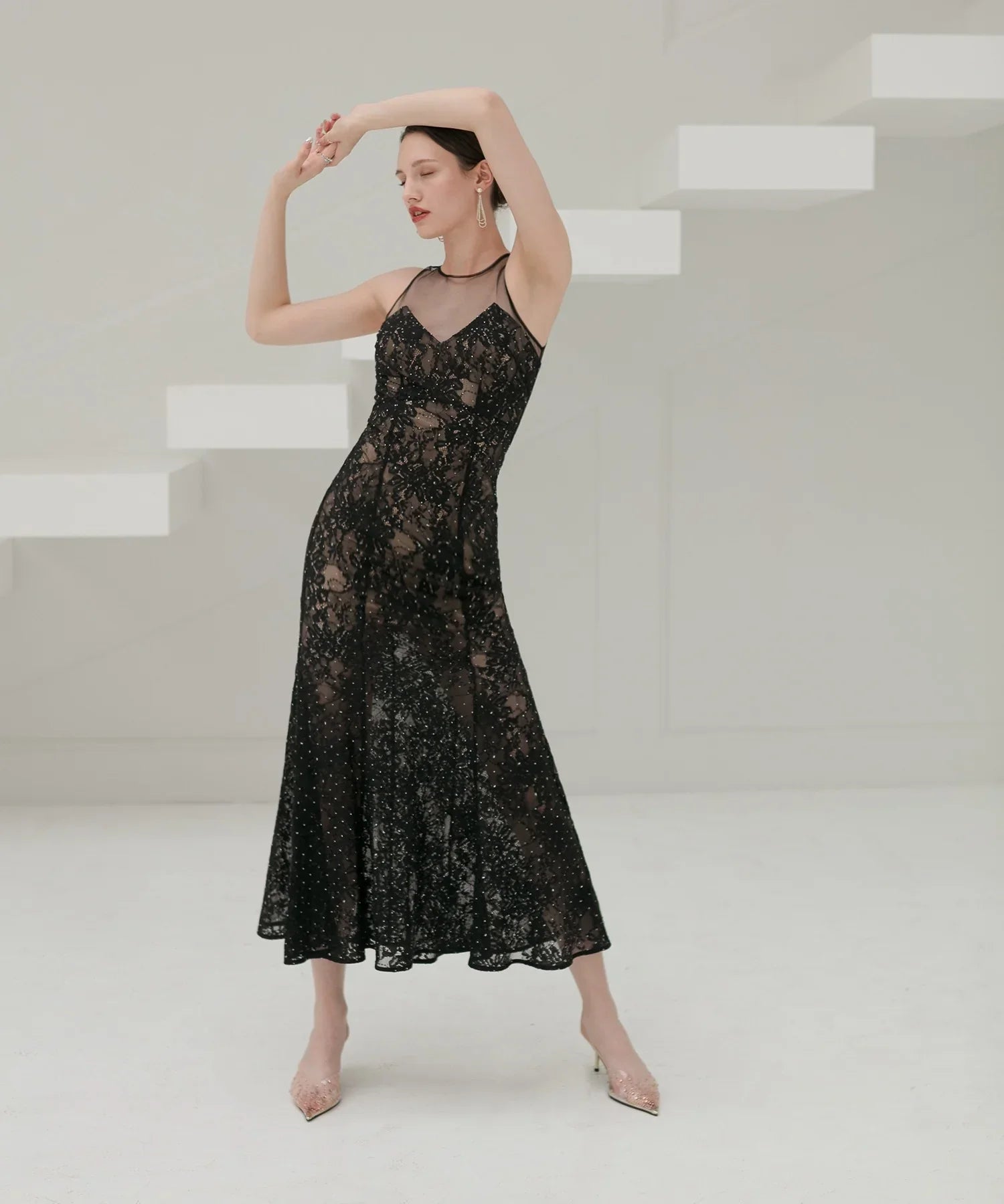 【LEJA LUXE】レースストーンスパンコールフラワーマーメイドドレス