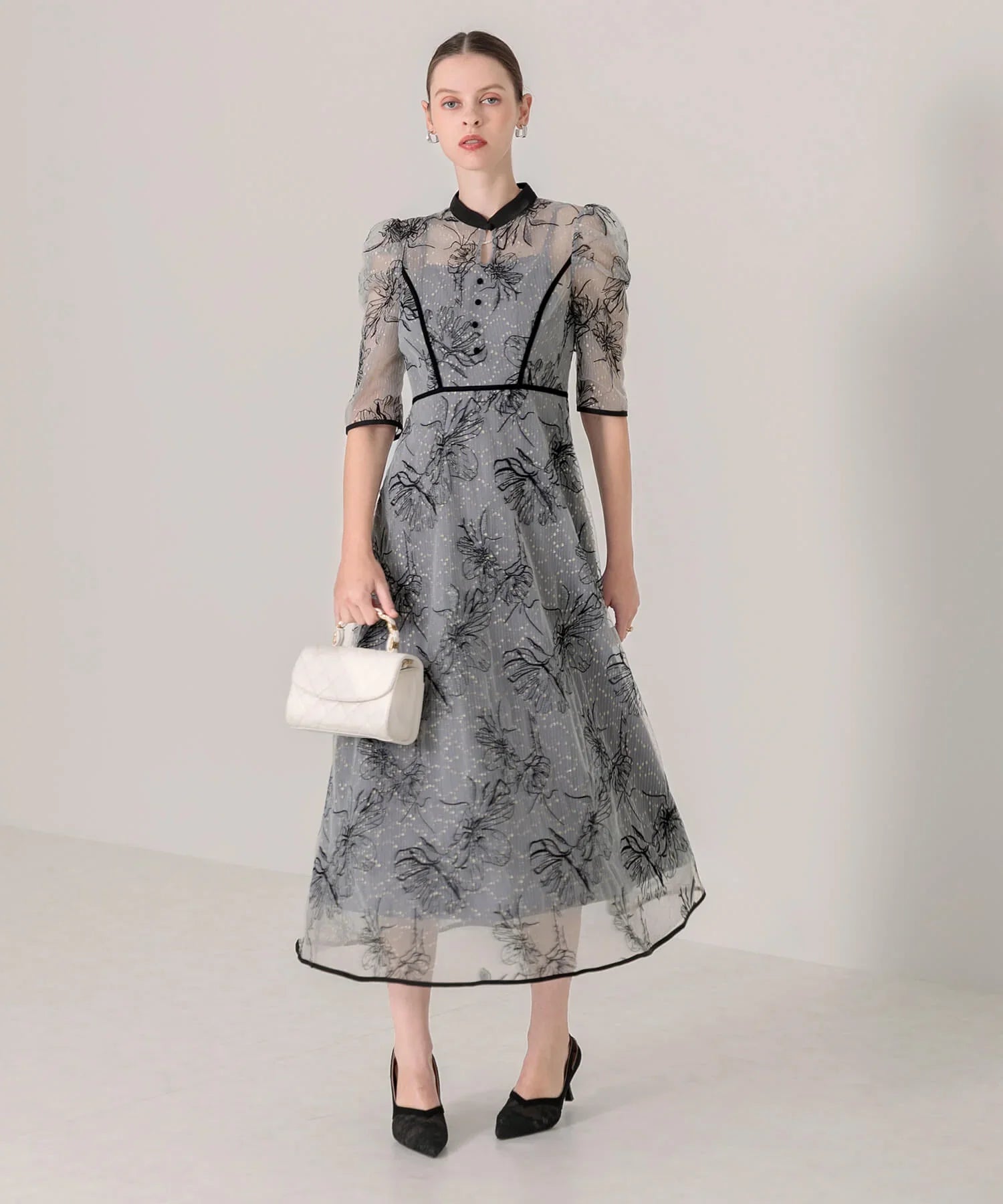 【当日発送】パイピングハイネック花柄ラメレースワンピースドレス