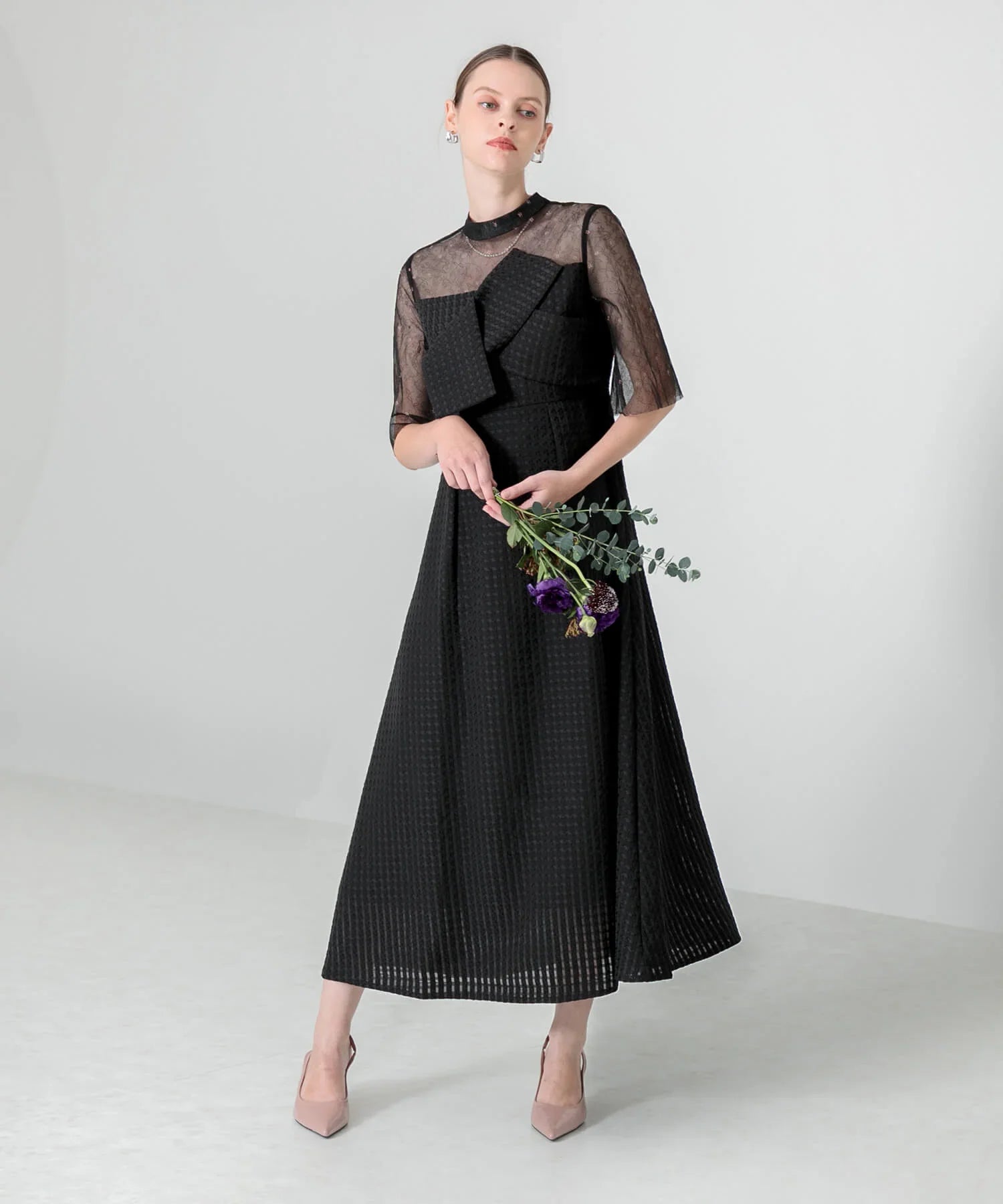 【当日発送】ビスチェ風ハイネック花柄シアーレースワッフルワンピースドレス