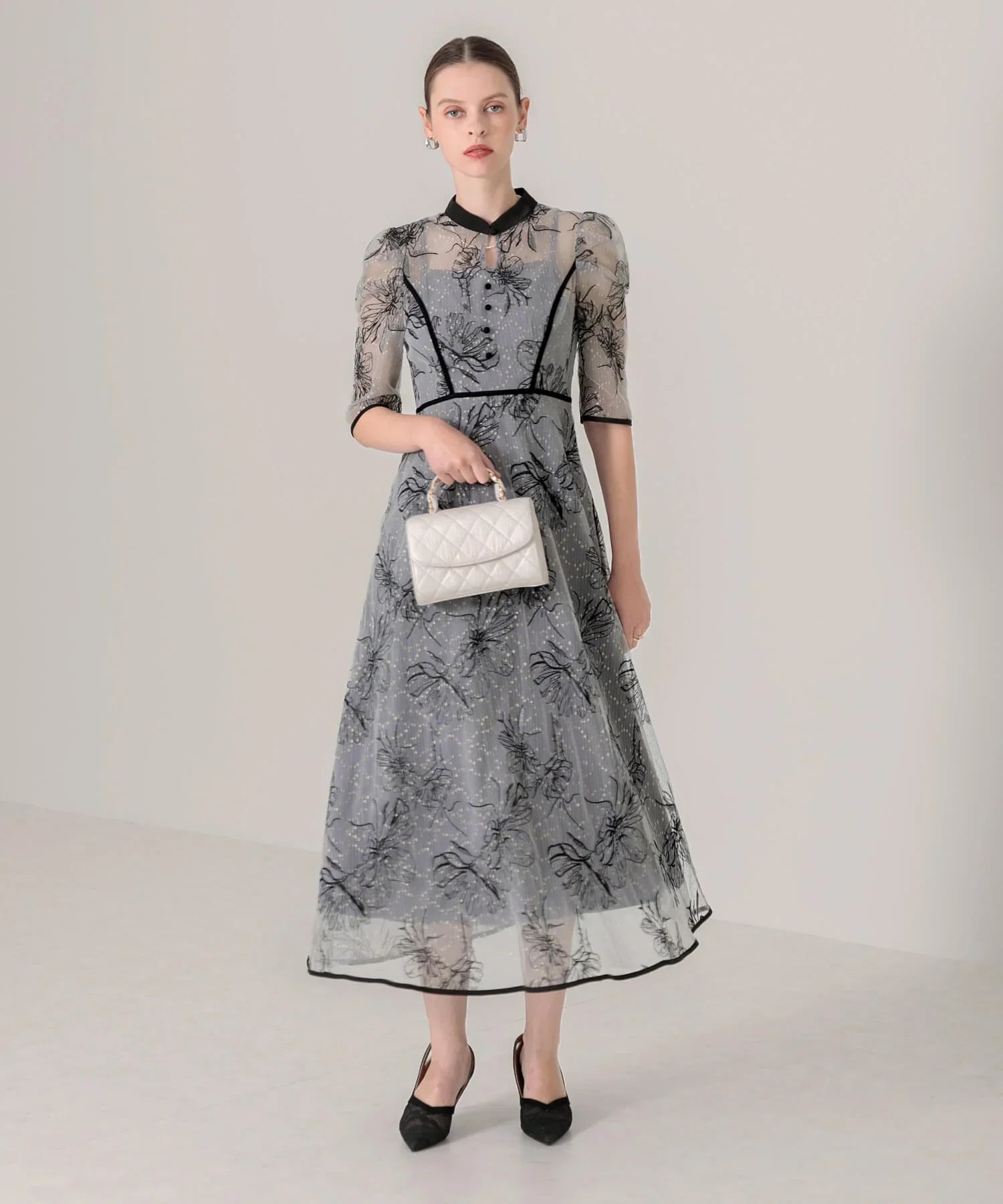 【当日発送】パイピングハイネック花柄ラメレースワンピースドレス