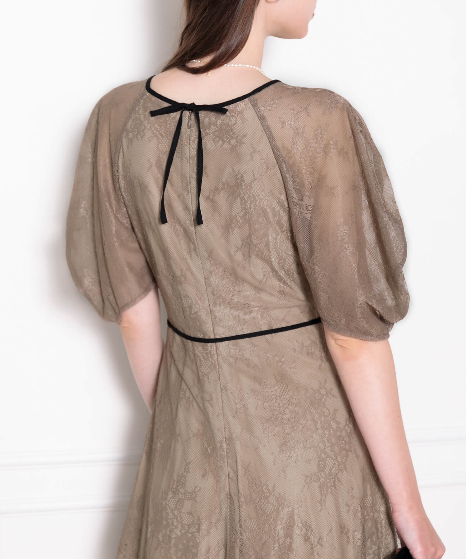 【当日発送】パフスリーブウエストリボンレースワンピースドレス