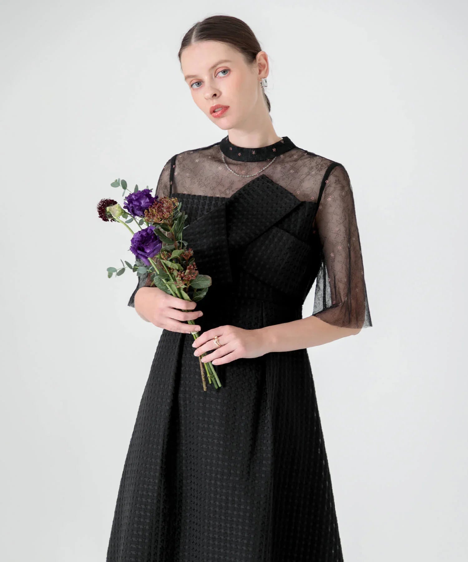 【当日発送】ビスチェ風ハイネック花柄シアーレースワッフルワンピースドレス