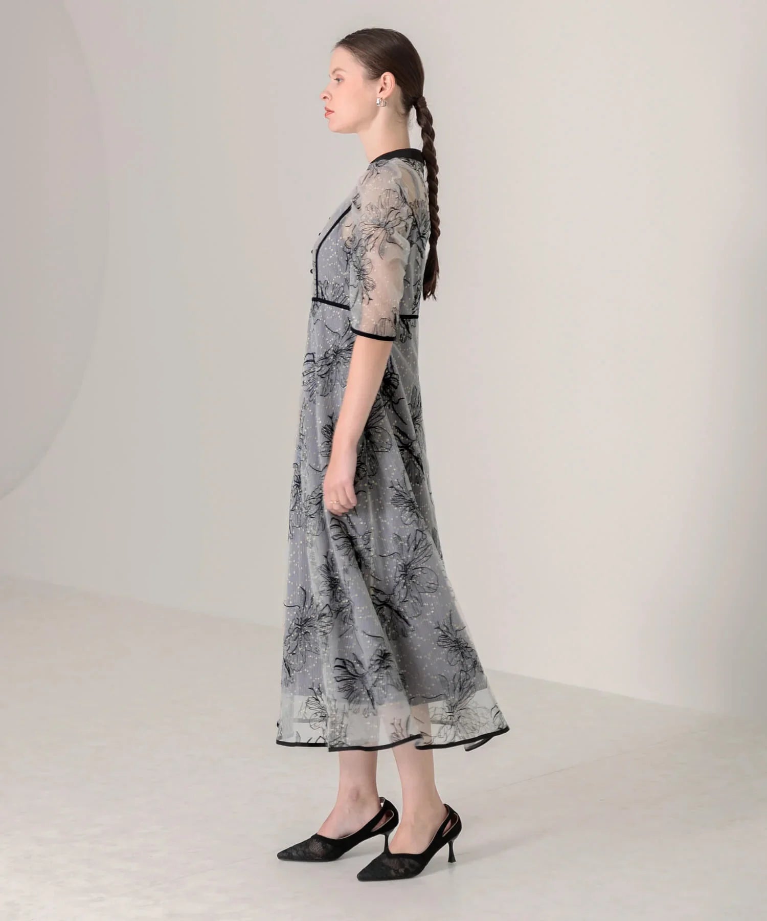 【当日発送】パイピングハイネック花柄ラメレースワンピースドレス