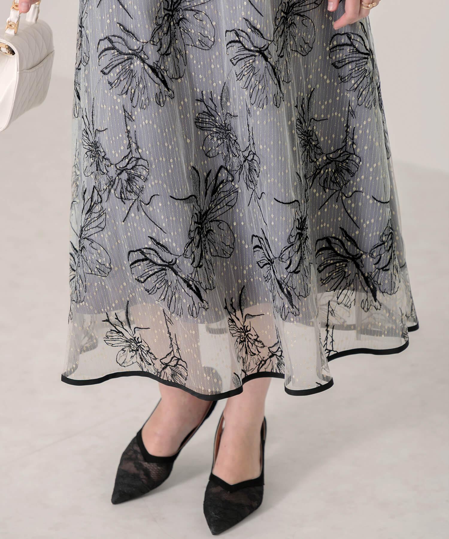 【当日発送】パイピングハイネック花柄ラメレースワンピースドレス