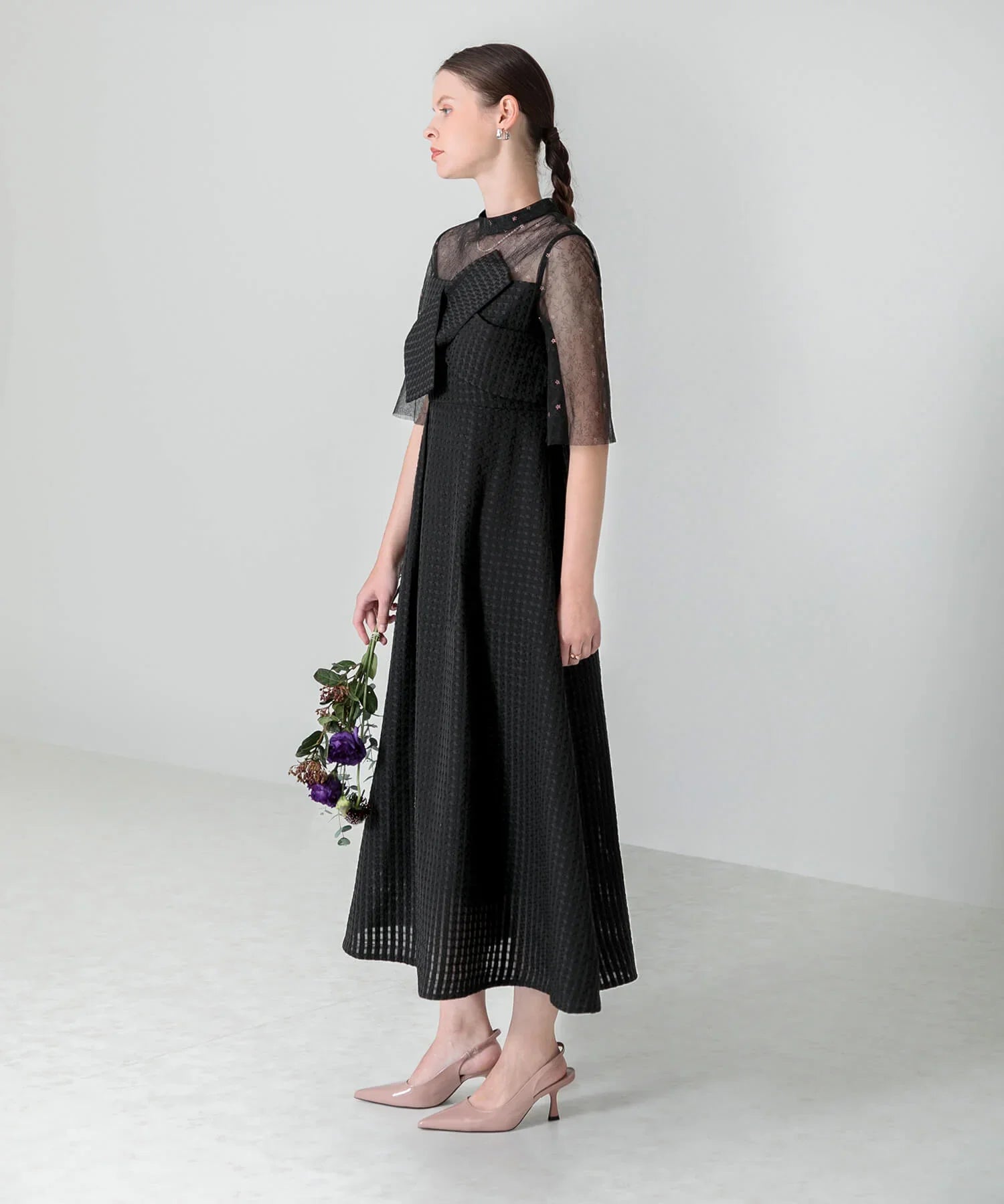 【当日発送】ビスチェ風ハイネック花柄シアーレースワッフルワンピースドレス