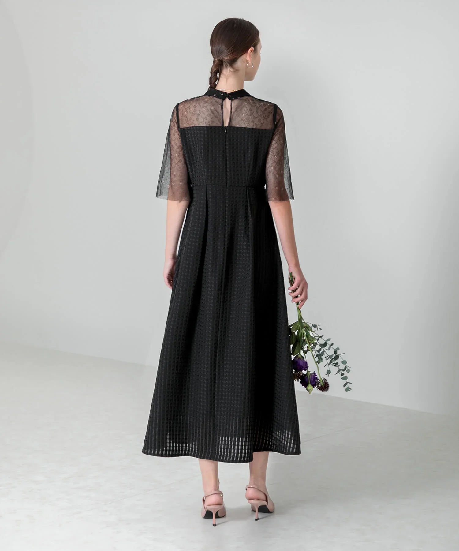 【当日発送】ビスチェ風ハイネック花柄シアーレースワッフルワンピースドレス