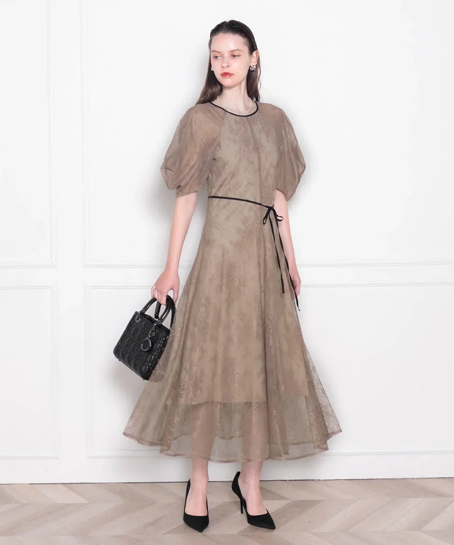 【当日発送】パフスリーブウエストリボンレースワンピースドレス