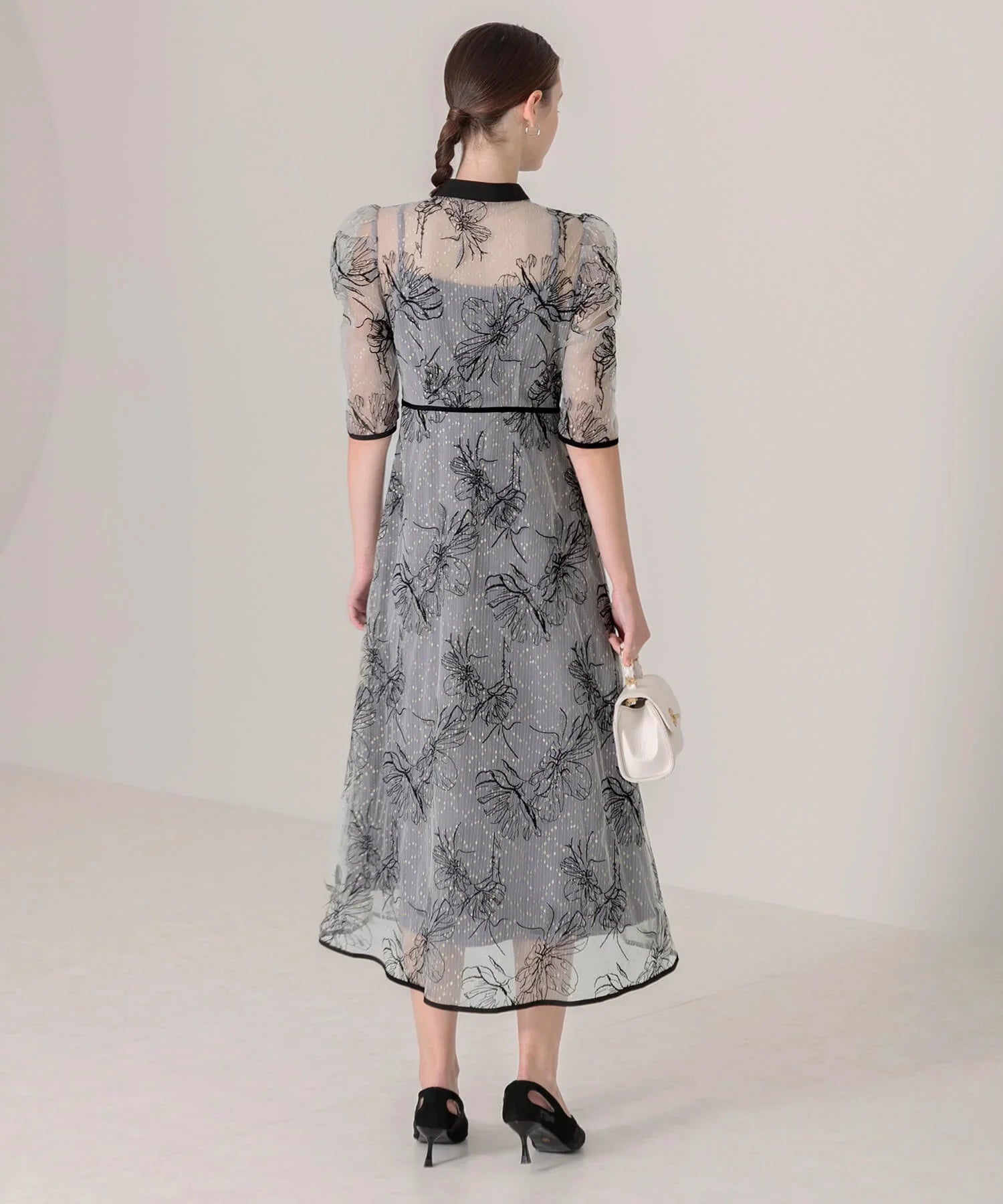 【当日発送】パイピングハイネック花柄ラメレースワンピースドレス