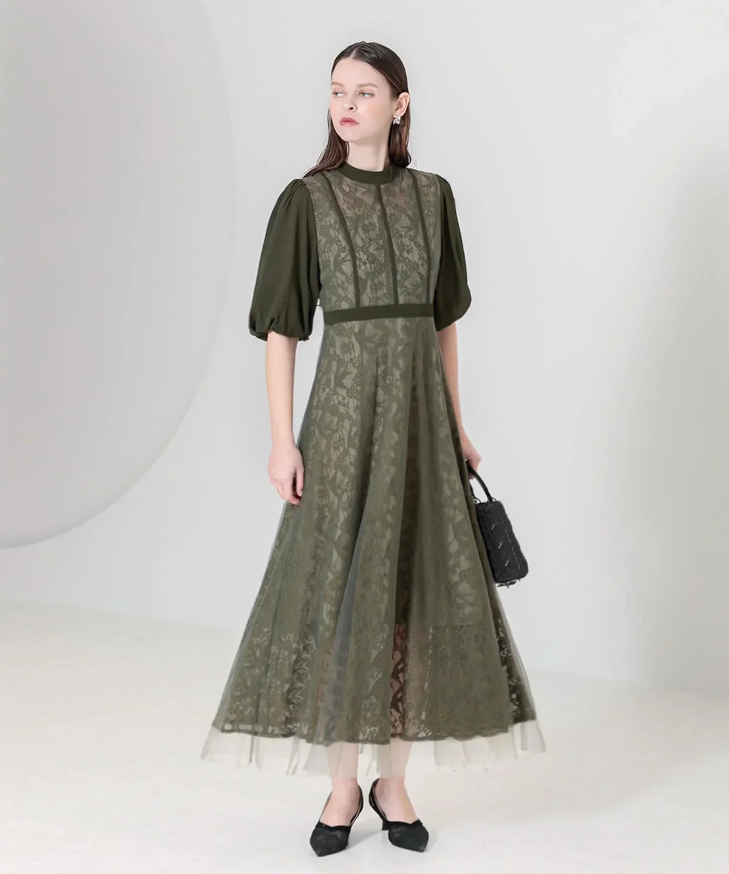 【當天出貨】高腰薄紗蕾絲A字連身裙