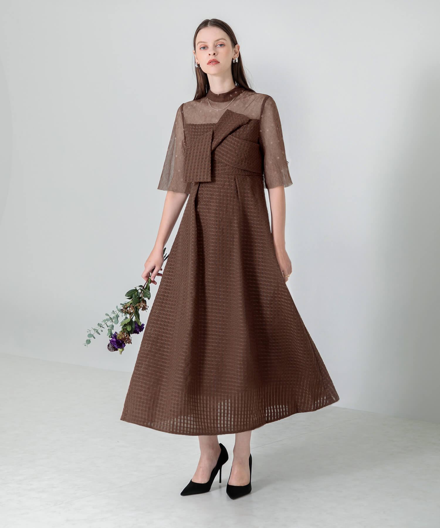 【当日発送】ビスチェ風ハイネック花柄シアーレースワッフルワンピースドレス