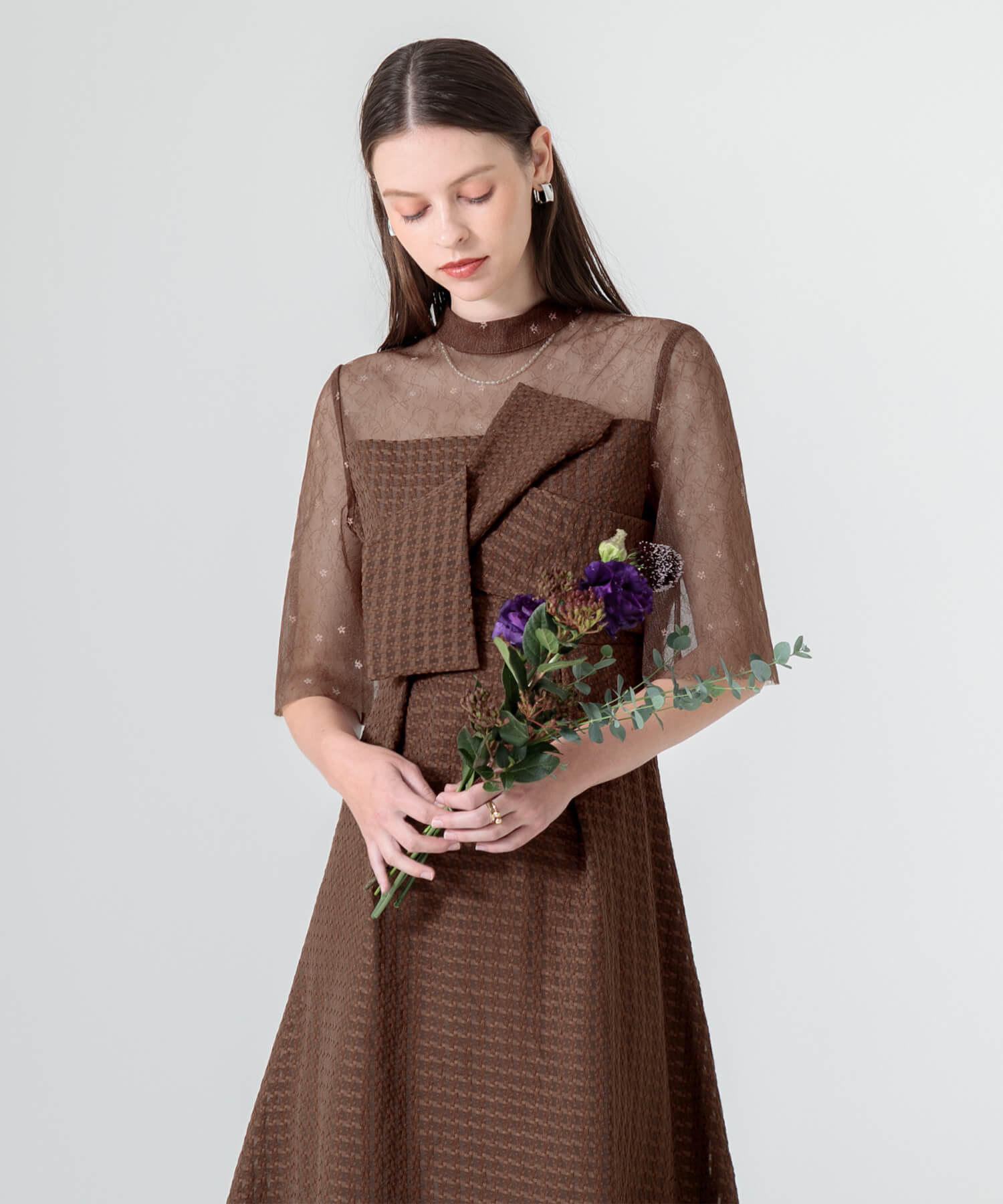 【当日発送】ビスチェ風ハイネック花柄シアーレースワッフルワンピースドレス