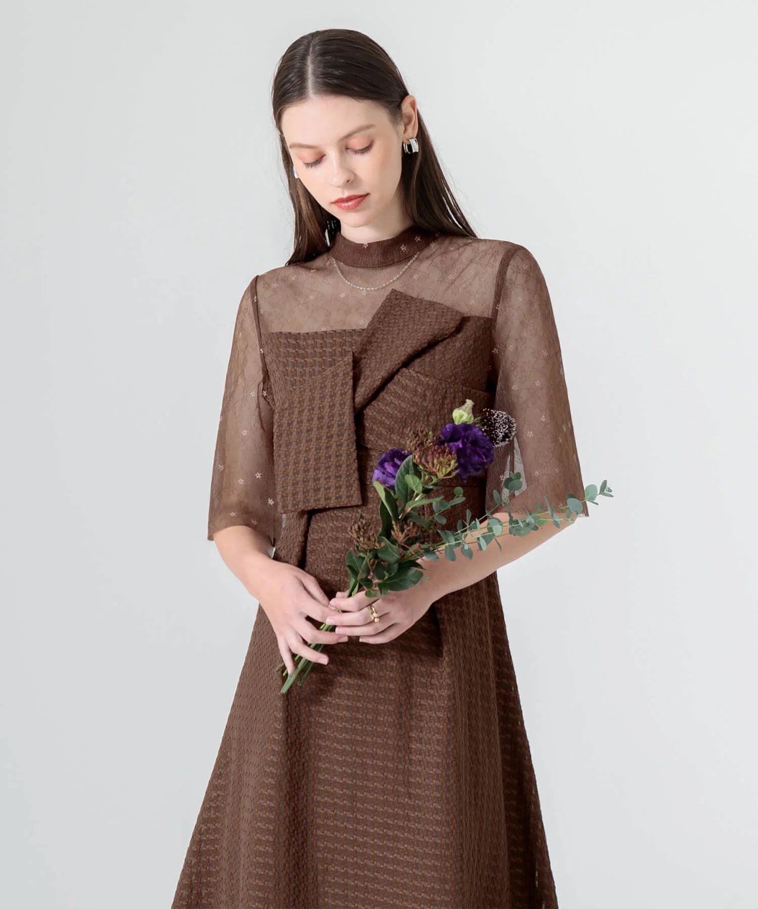 【当日発送】ビスチェ風ハイネック花柄シアーレースワッフルワンピースドレス