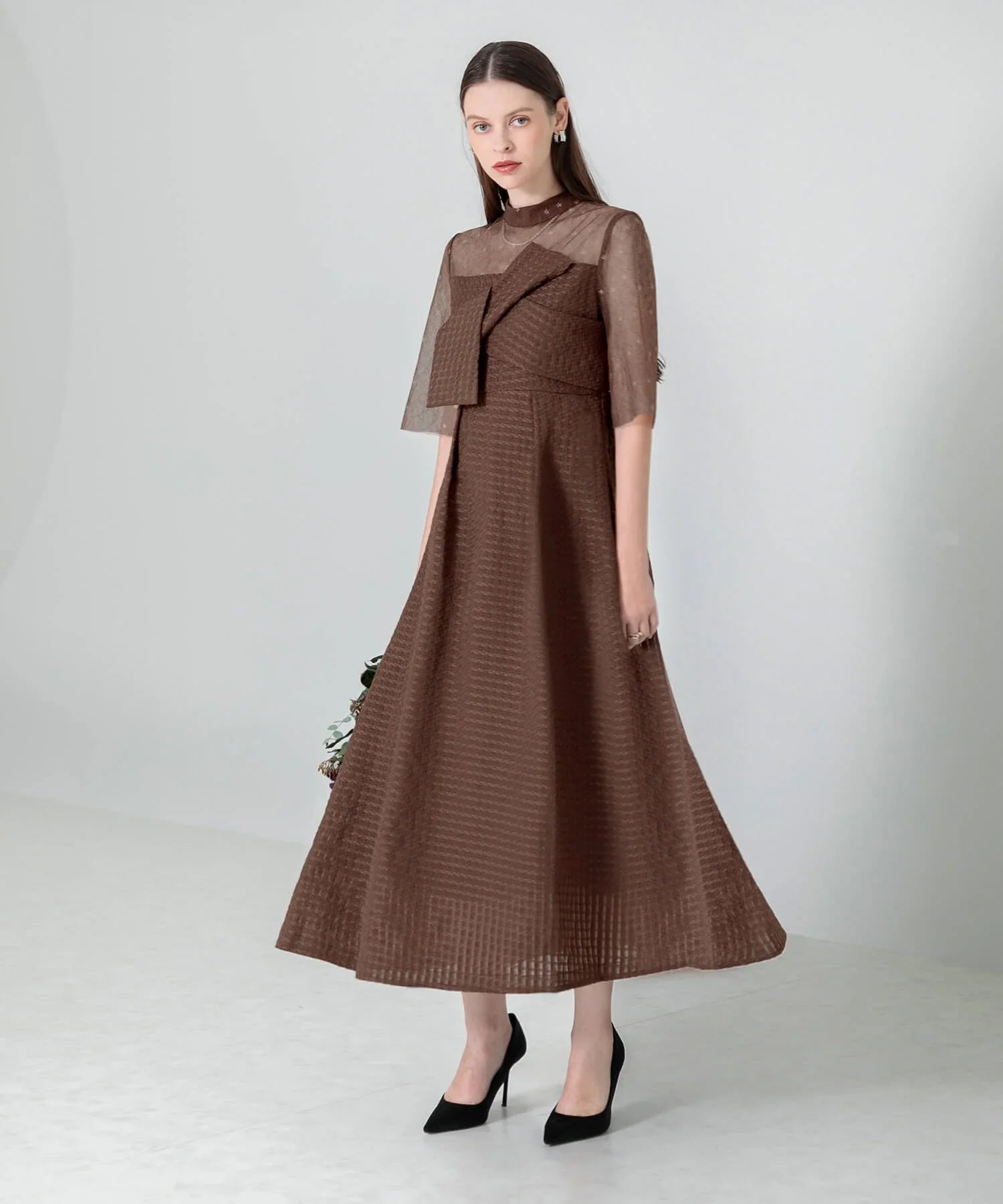 【当日発送】ビスチェ風ハイネック花柄シアーレースワッフルワンピースドレス