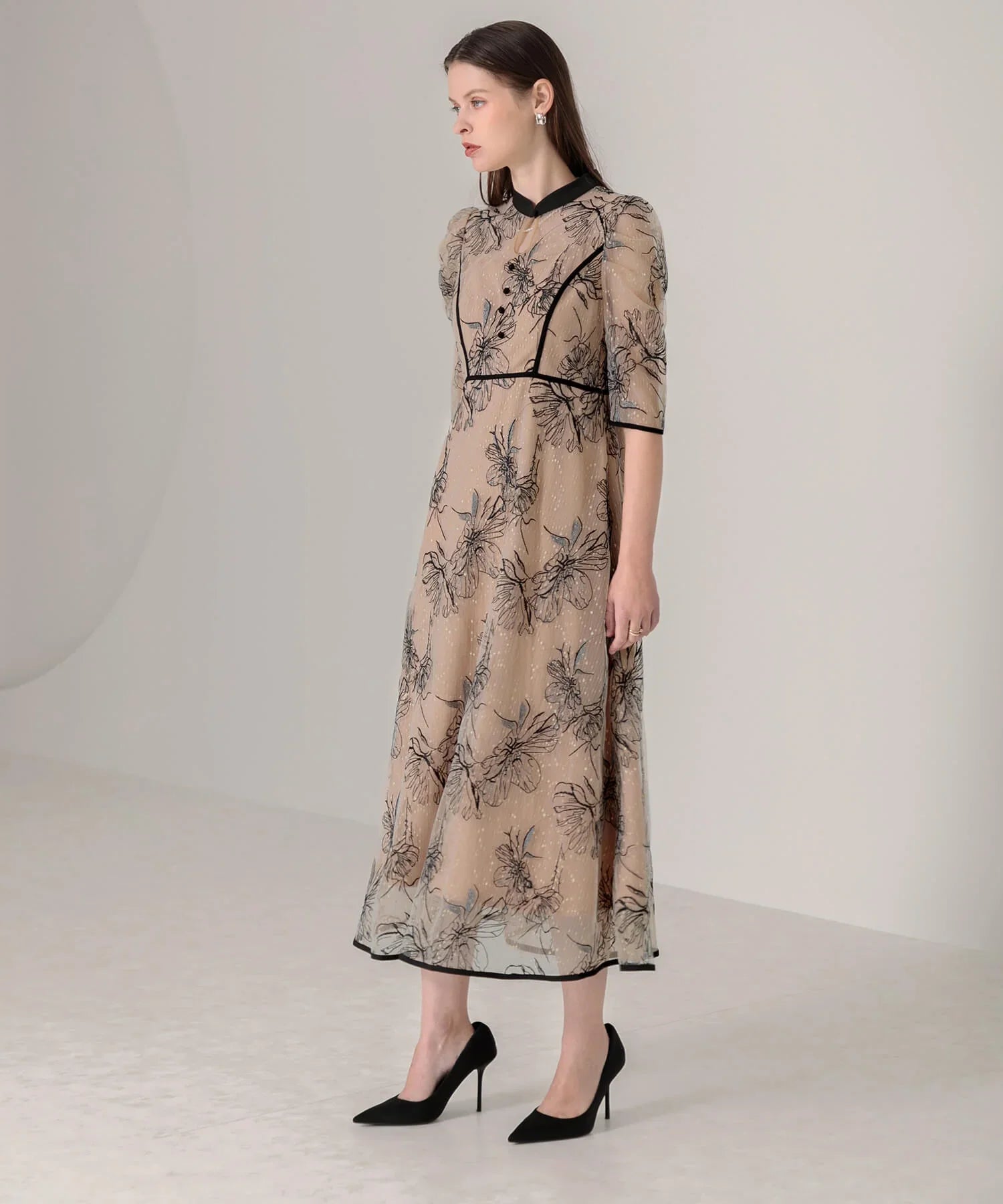 【当日発送】パイピングハイネック花柄ラメレースワンピースドレス