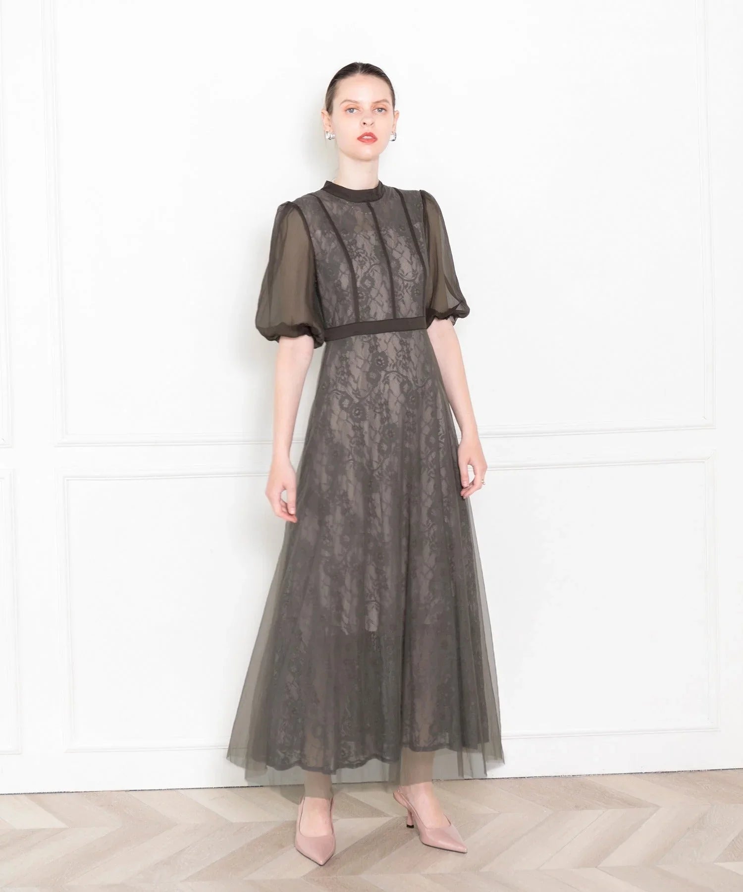 【當天出貨】高腰薄紗蕾絲A字連身裙