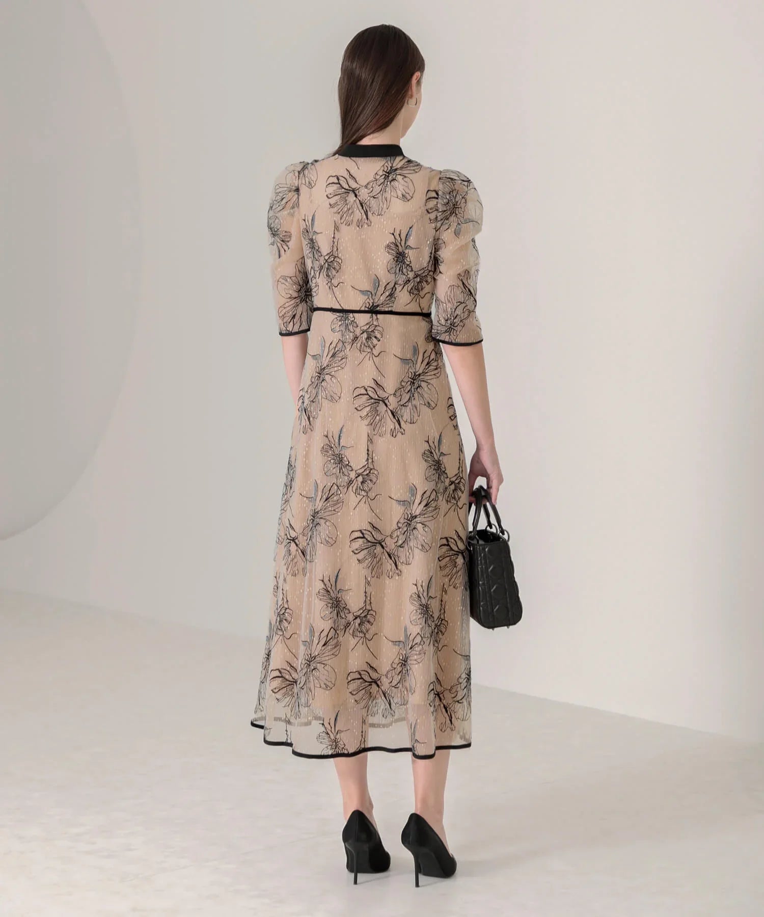 【当日発送】パイピングハイネック花柄ラメレースワンピースドレス