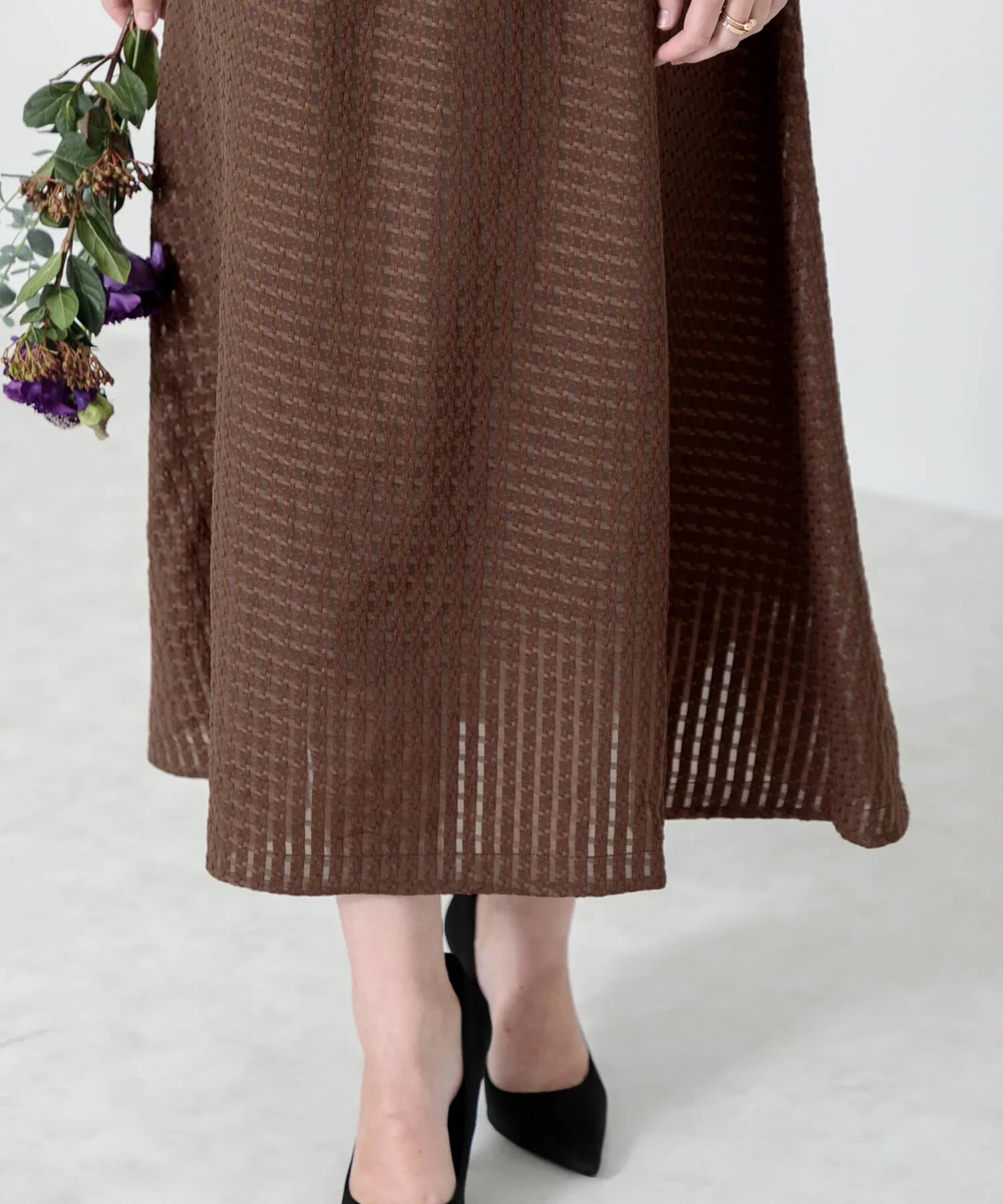 【当日発送】ビスチェ風ハイネック花柄シアーレースワッフルワンピースドレス