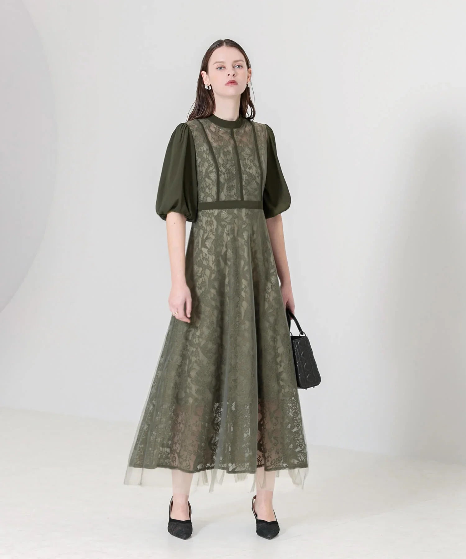 【當天出貨】高腰薄紗蕾絲A字連身裙