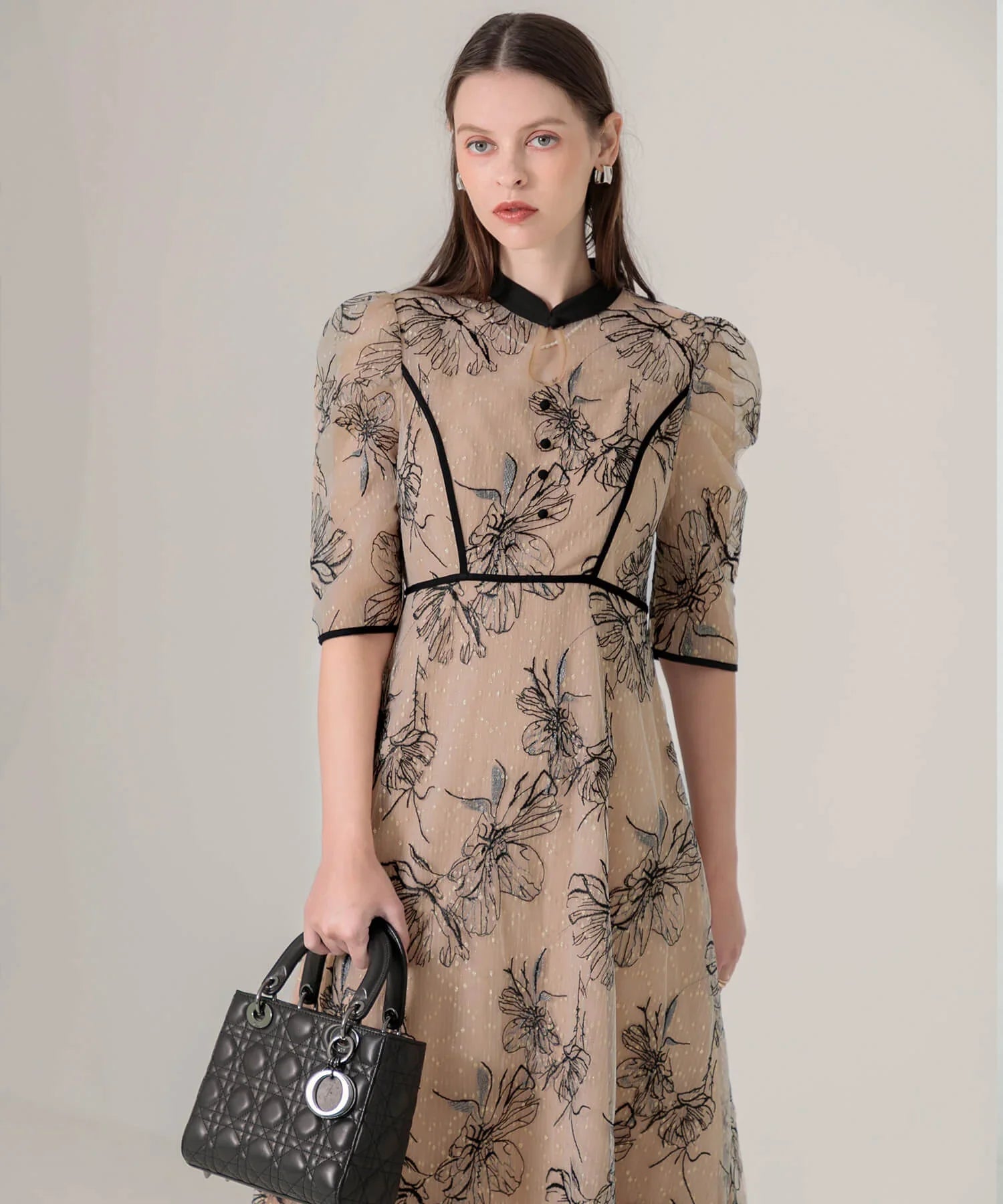 【当日発送】パイピングハイネック花柄ラメレースワンピースドレス