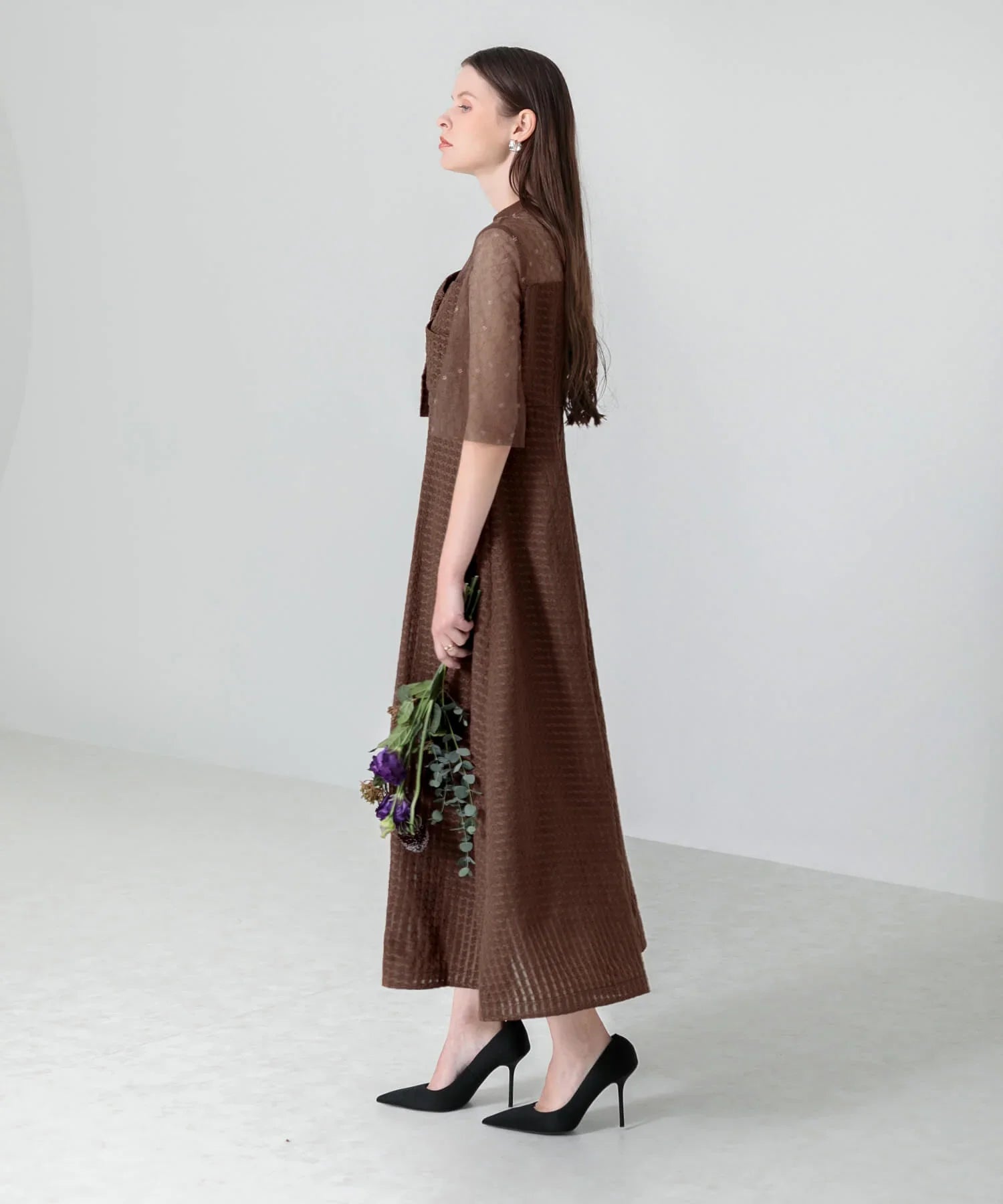 【当日発送】ビスチェ風ハイネック花柄シアーレースワッフルワンピースドレス