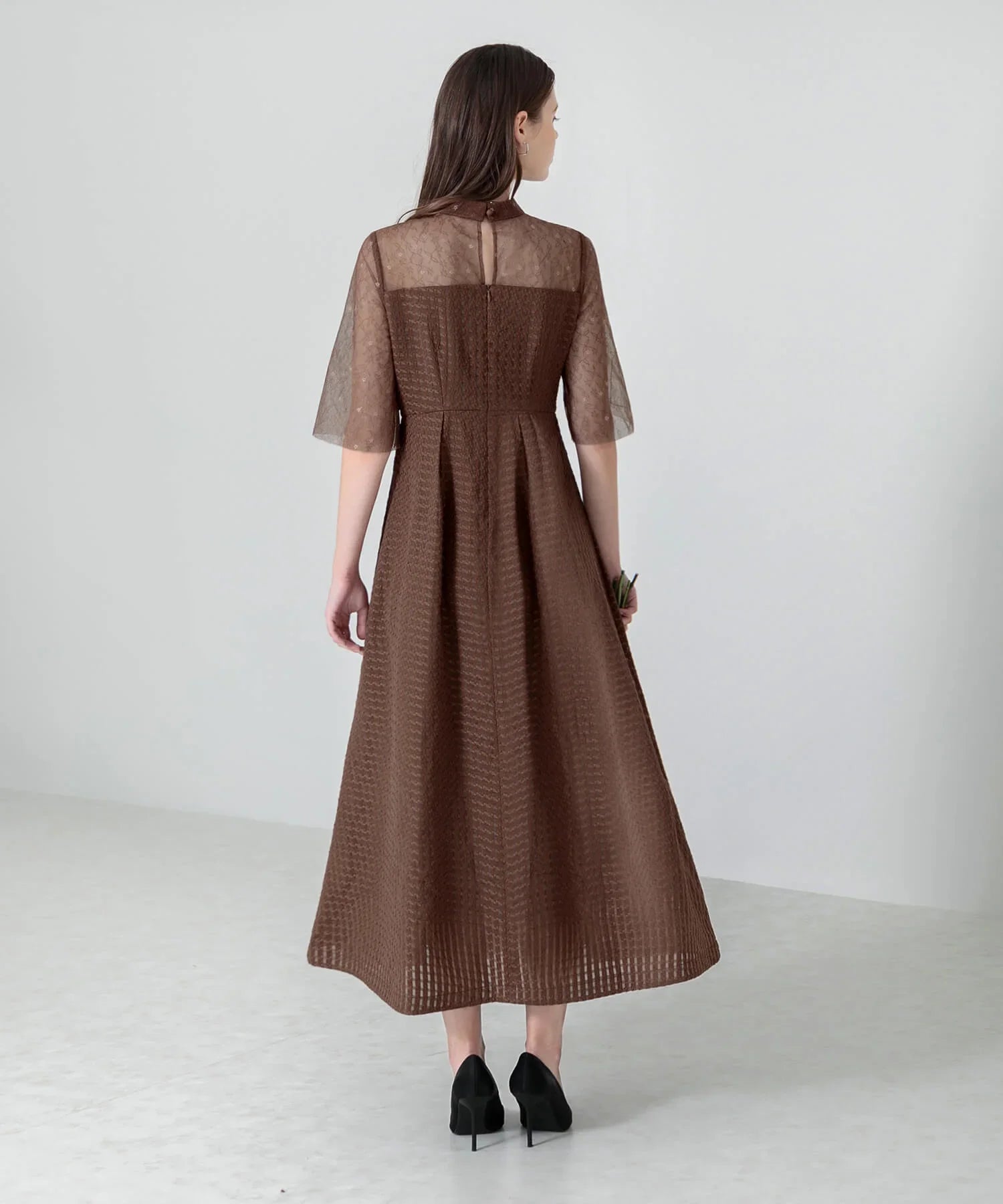 【当日発送】ビスチェ風ハイネック花柄シアーレースワッフルワンピースドレス