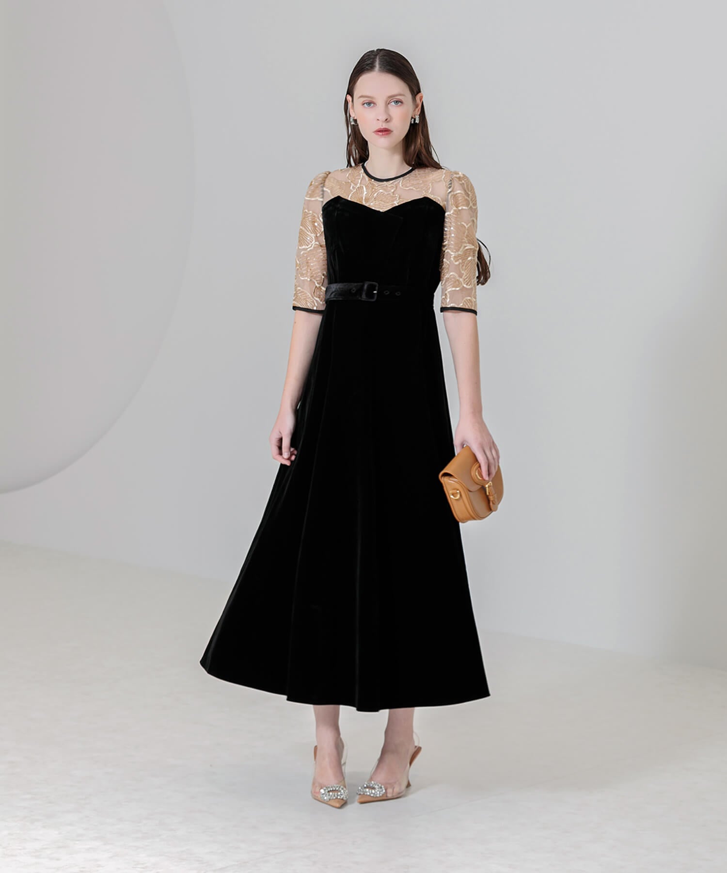 当日発送】ビスチェ風ウエストベルト花柄レース刺繍ワンピースドレス 