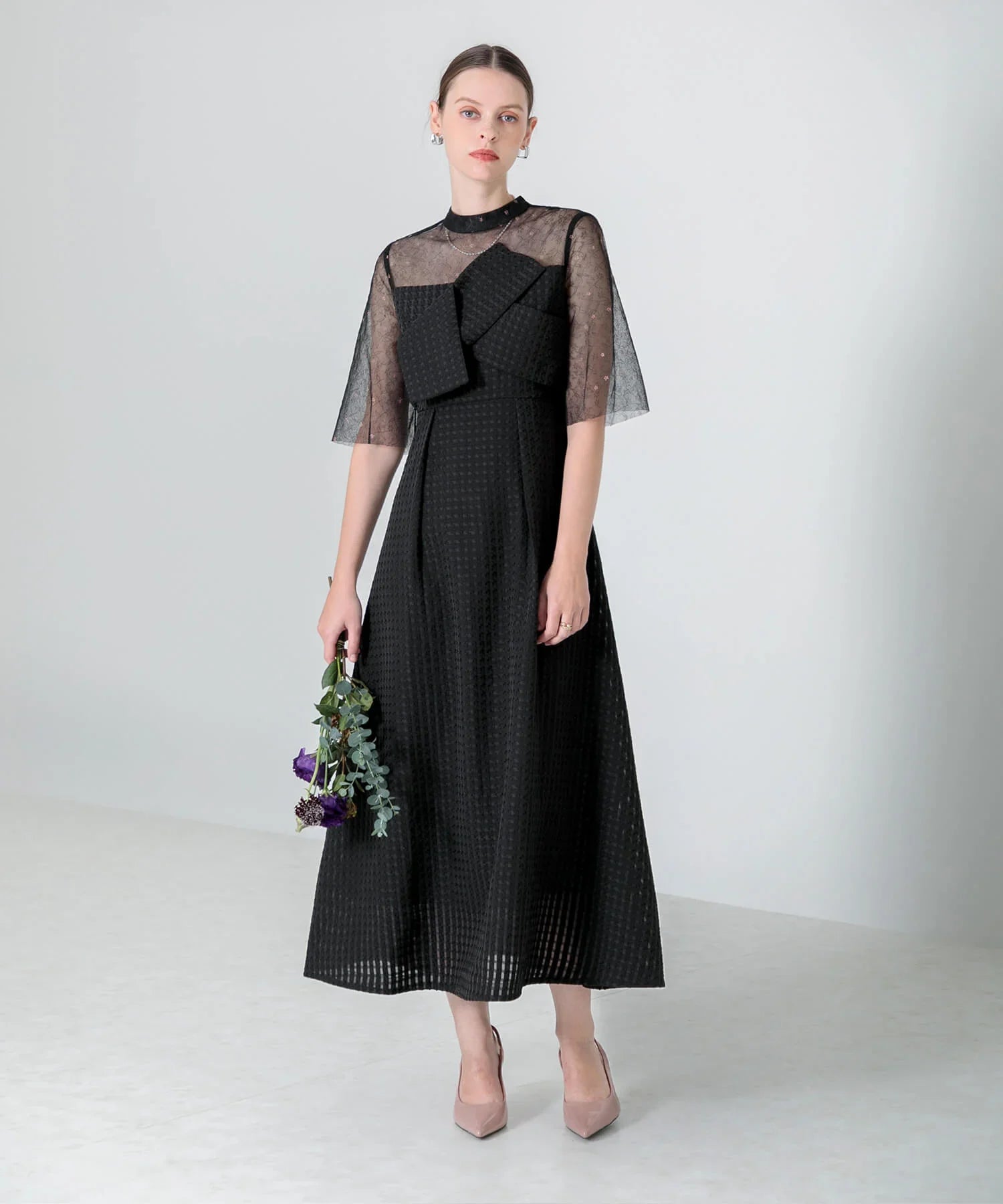 【当日発送】ビスチェ風ハイネック花柄シアーレースワッフルワンピースドレス