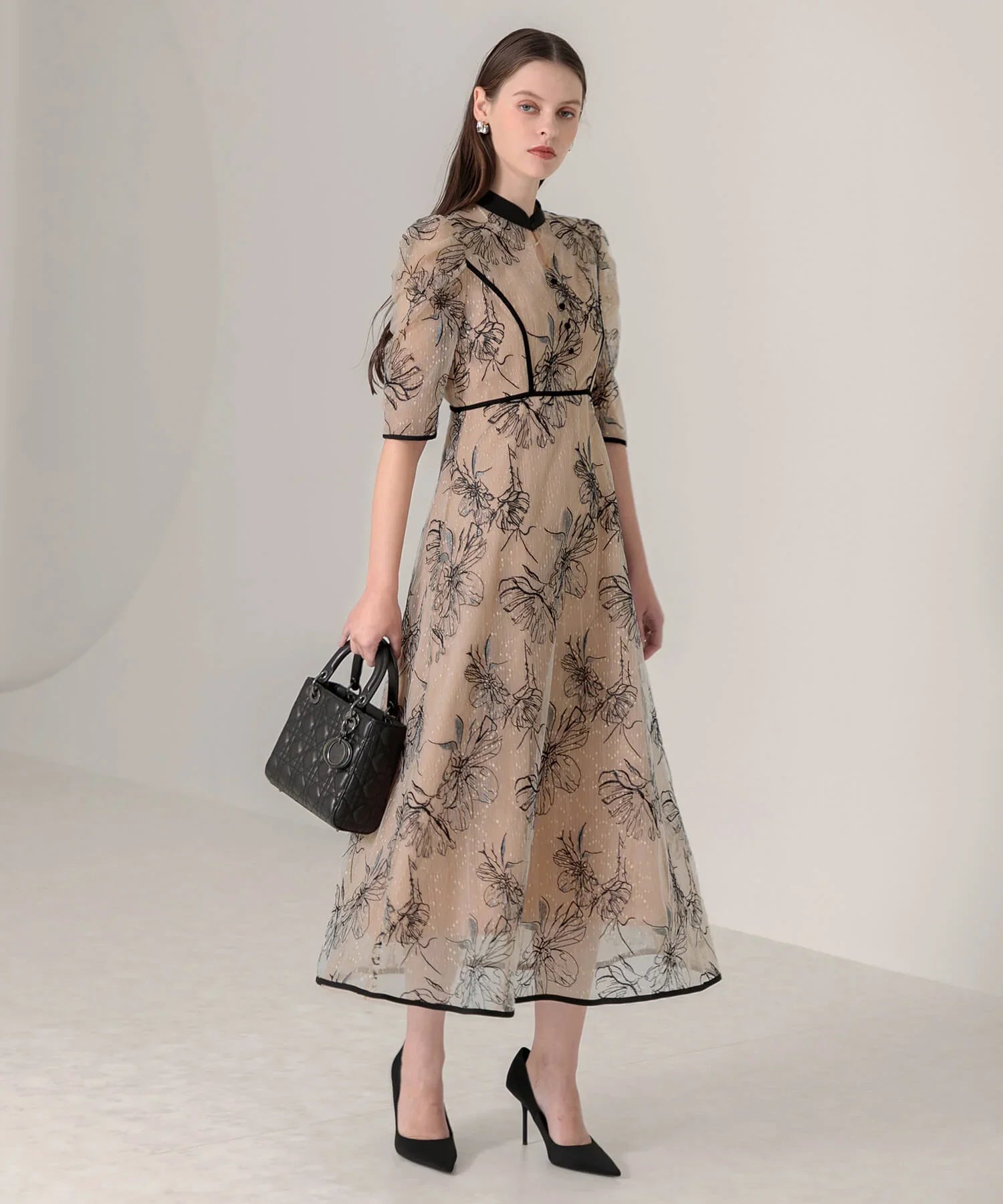 【当日発送】パイピングハイネック花柄ラメレースワンピースドレス