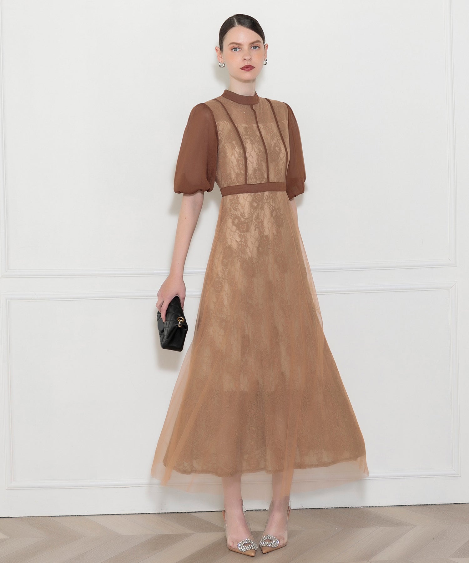 【一部即日発送】LEJA-美脚効果ハイウエストチュールレース切り替えドレス結婚式(TV紹介アイテム) - LEJA