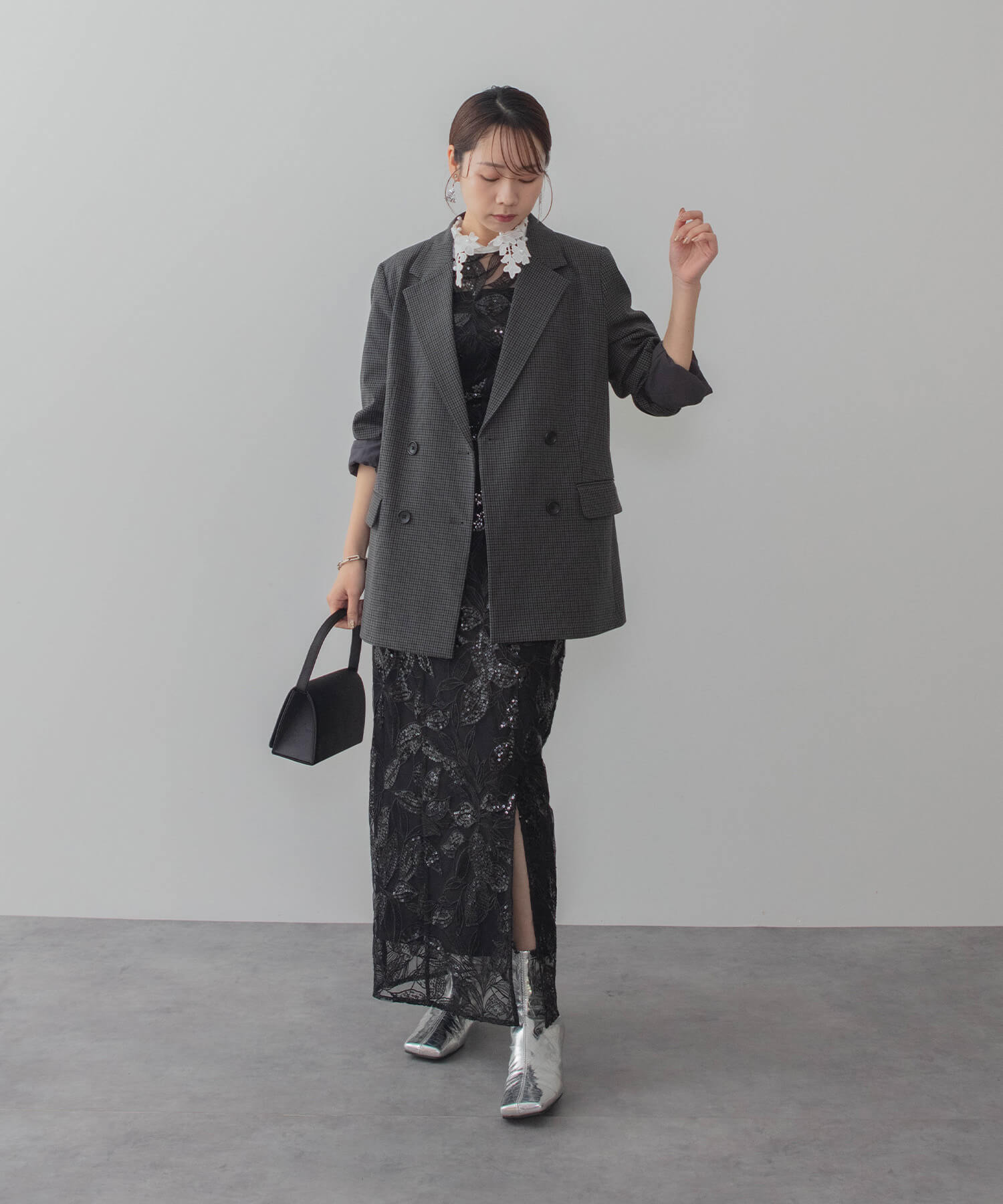 【当日発送】レースカラーリーフスパンコールパフスリーブIラインワンピースドレス