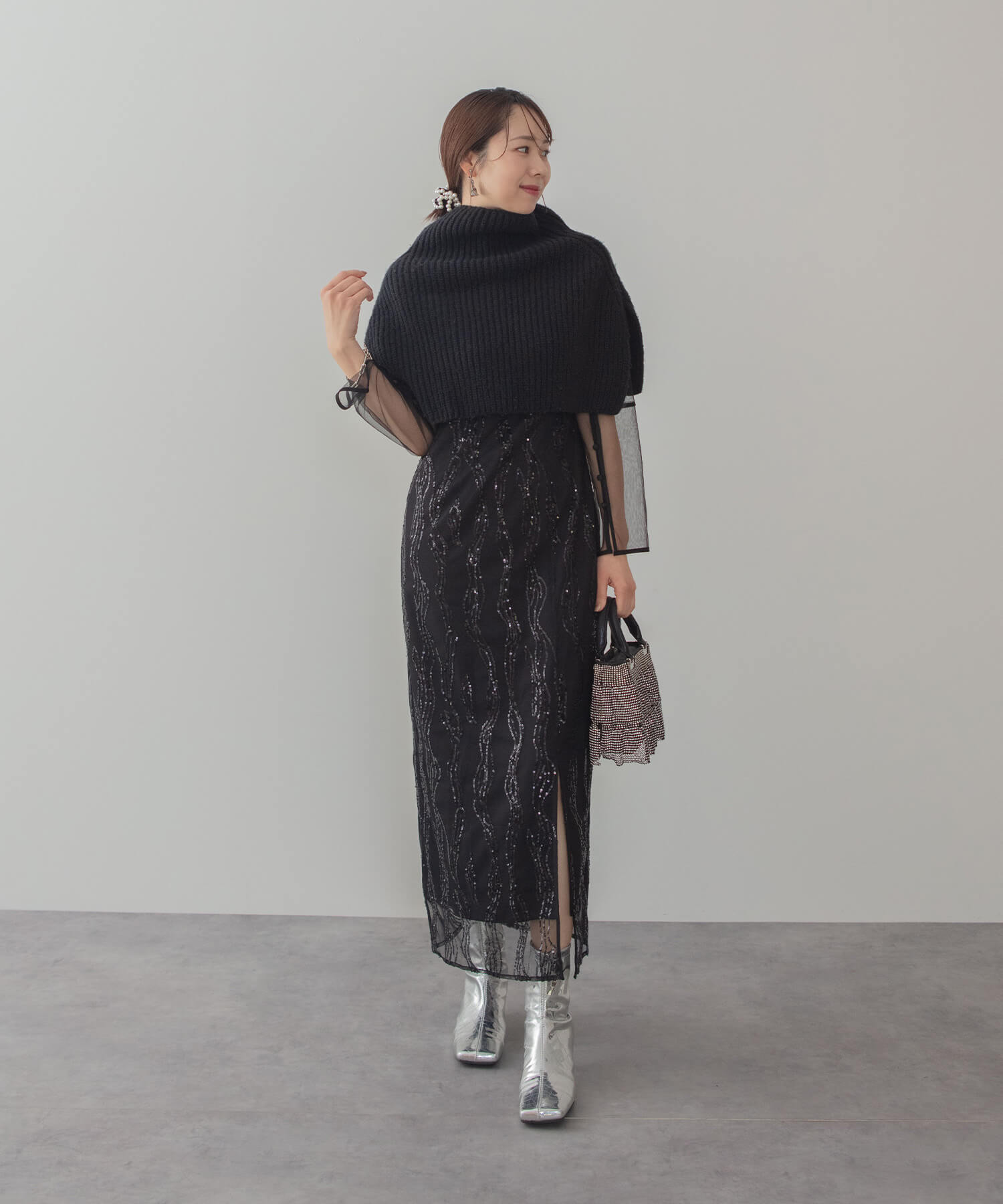 【当日発送】シアーケープスパンコールIラインワンピースドレス