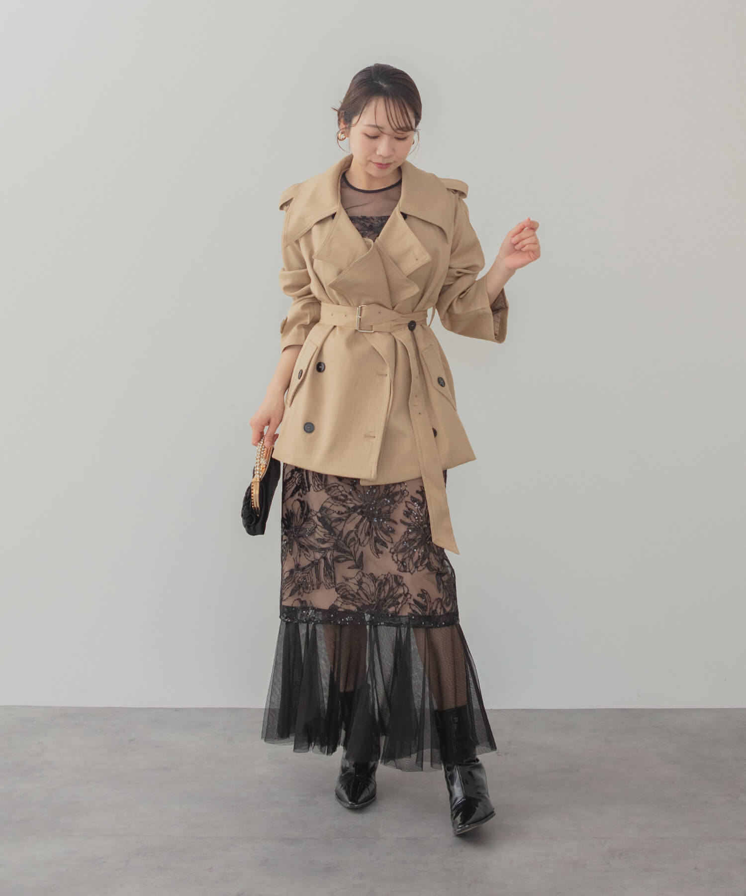 【COMING SOON】フラワースパンコールヘムチュールＩラインワンピースドレス