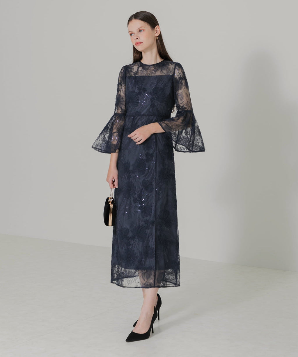 当日発送】スパンコールレーススリーブIラインロングドレス 