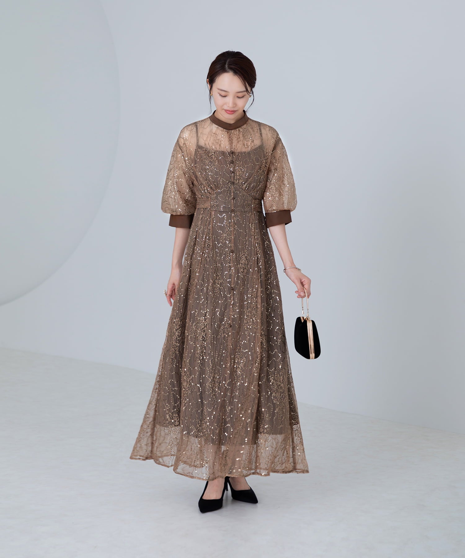 [SOLD OUT] Piping lace sequin puff sleeve A-line dress