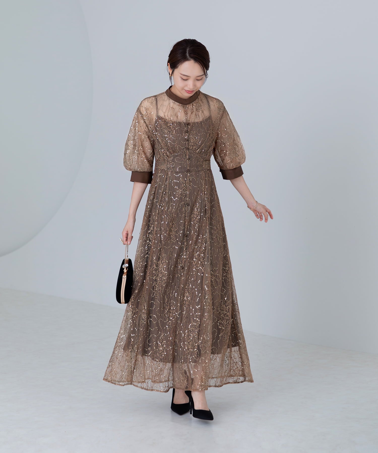 [SOLD OUT] Piping lace sequin puff sleeve A-line dress