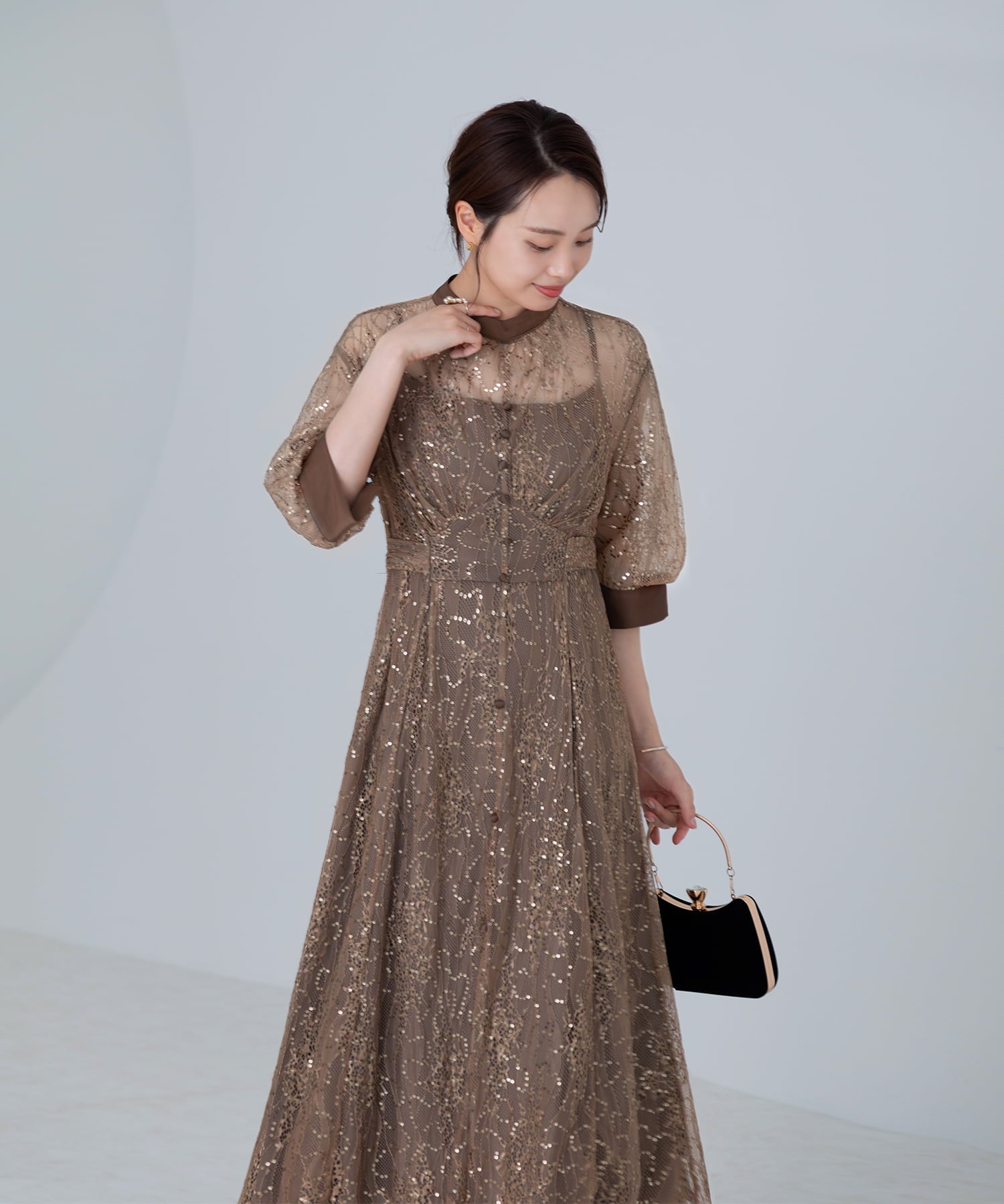 [SOLD OUT] Piping lace sequin puff sleeve A-line dress