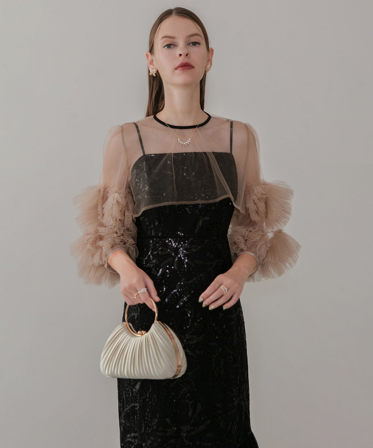 【一部当日発送】フラワースパンコールチュールフリルスリーブIラインワンピースドレス