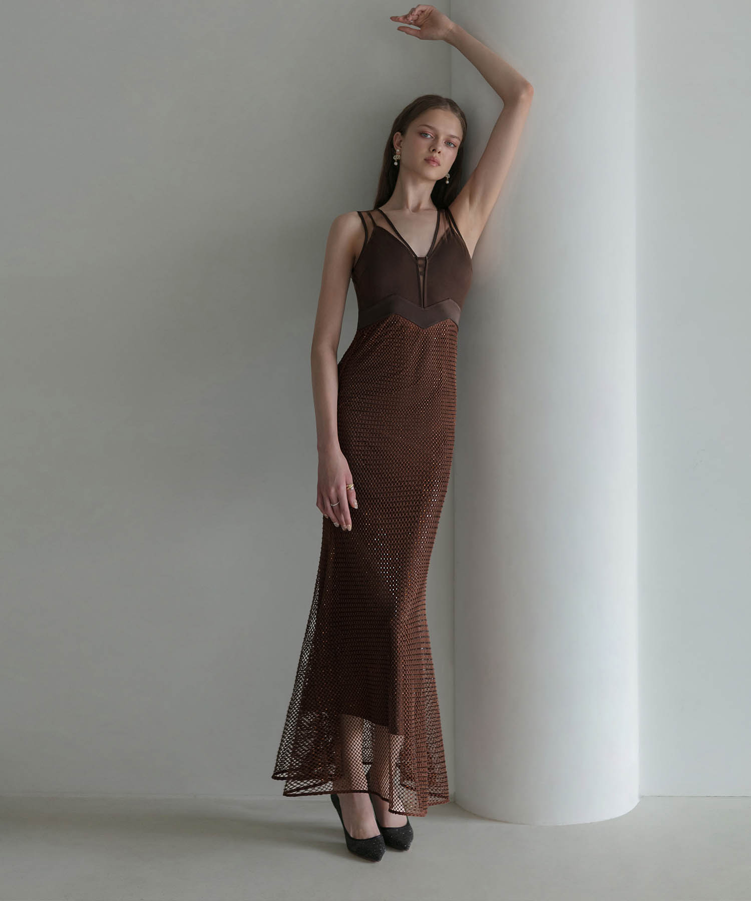 【LEJA LUXE】VネックメッシュストーンIラインドレス