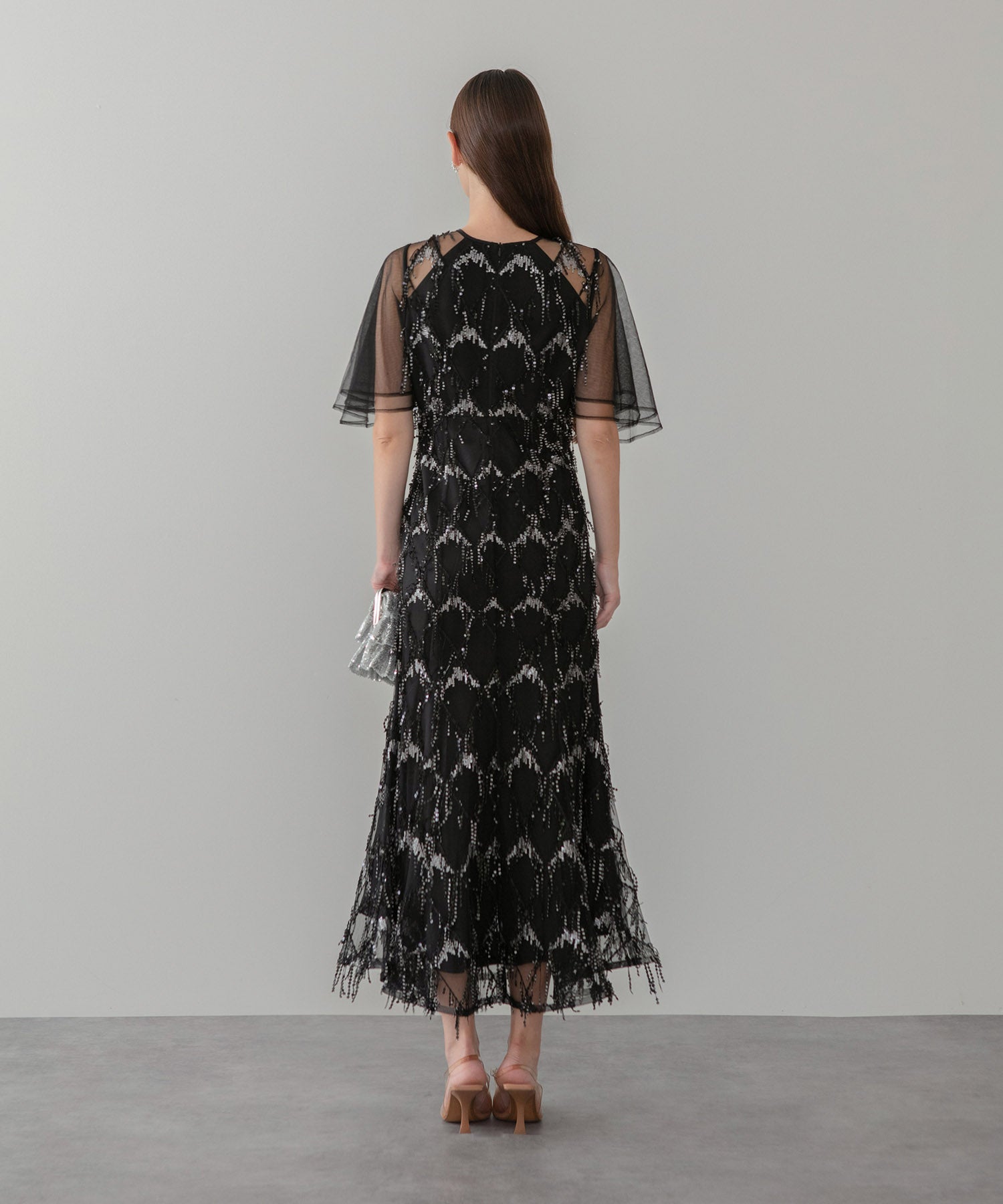 【当日発送】チュールスリーブスパンコールマーメイドワンピースドレス