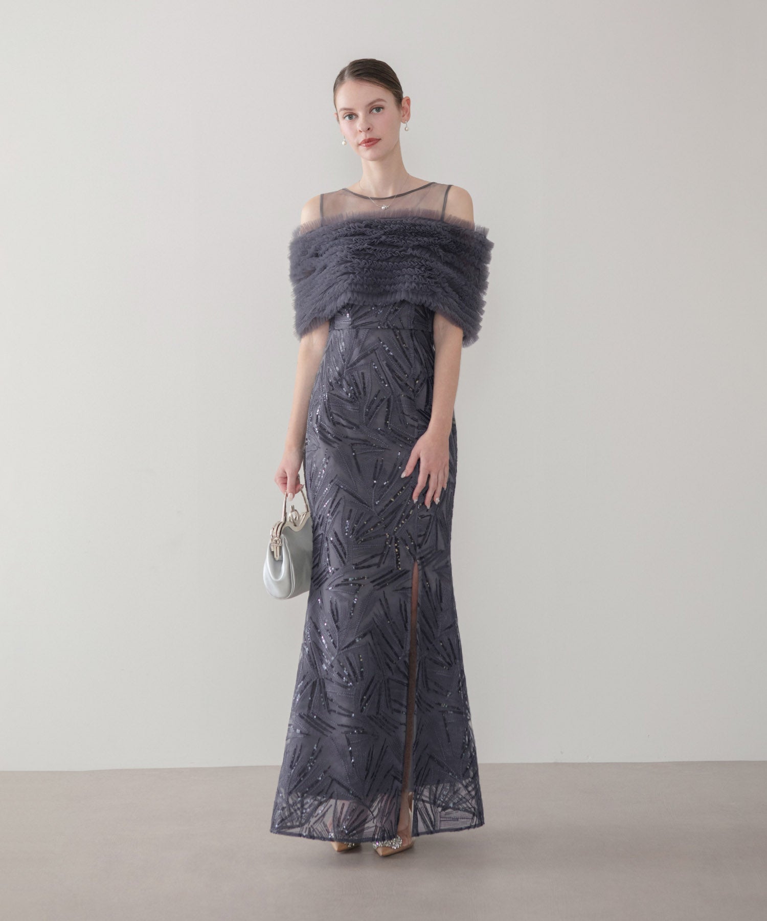【LEJA LUXE】チュールフリルスパンコールスリットマーメイドドレス