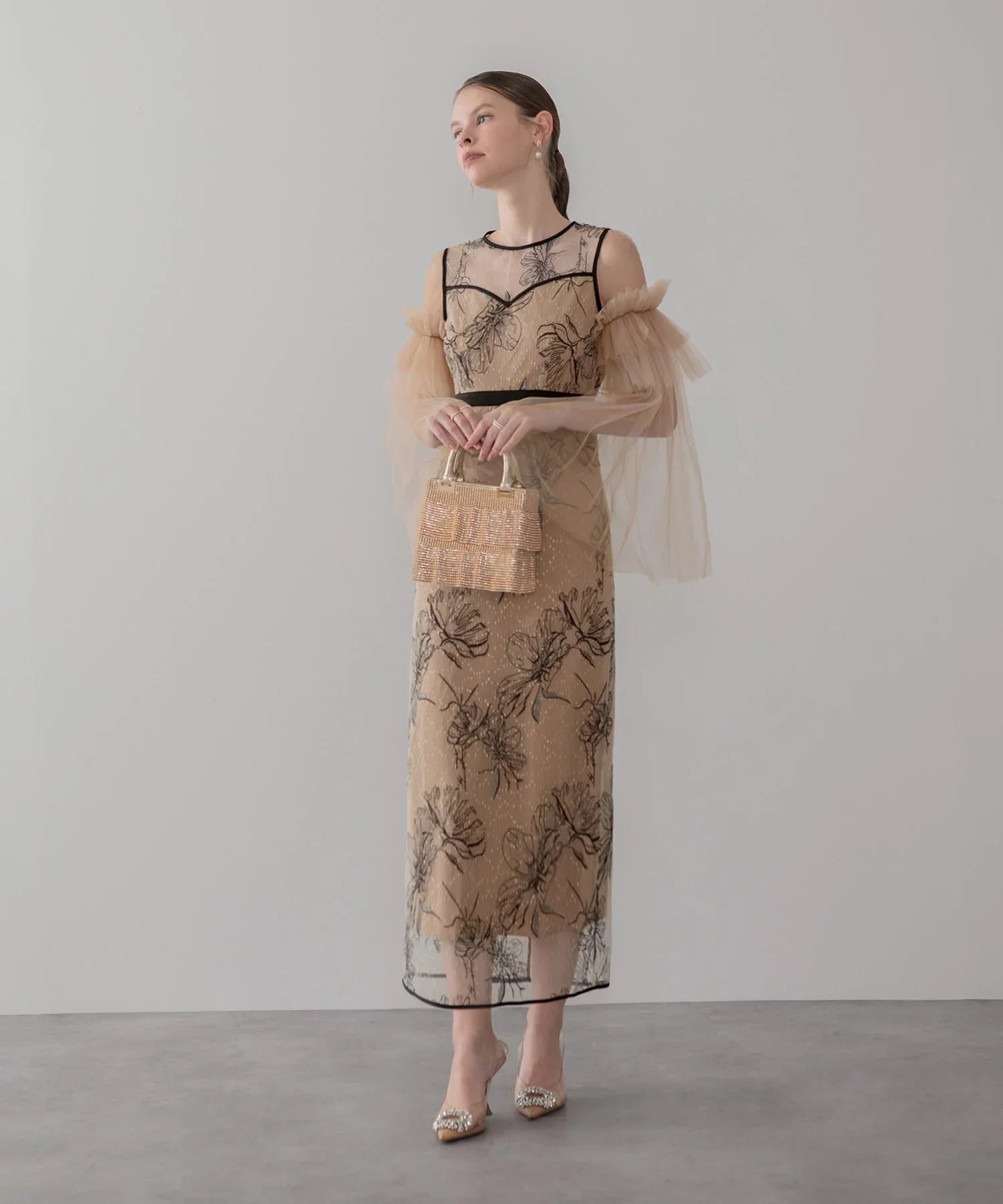 COMING SOON】フラワーチュールフリルスリーブIラインワンピースドレス