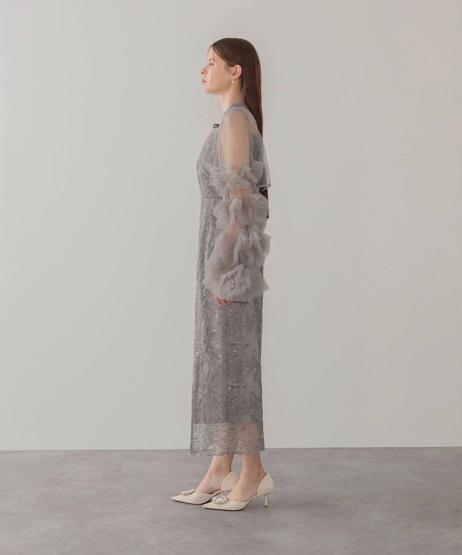 【一部当日発送】フリルチュールスリーブリボンIラインワンピースドレス