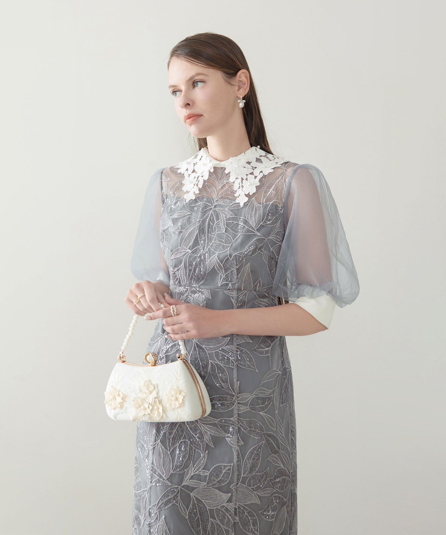 【当日発送】レースカラーリーフスパンコールパフスリーブIラインワンピースドレス