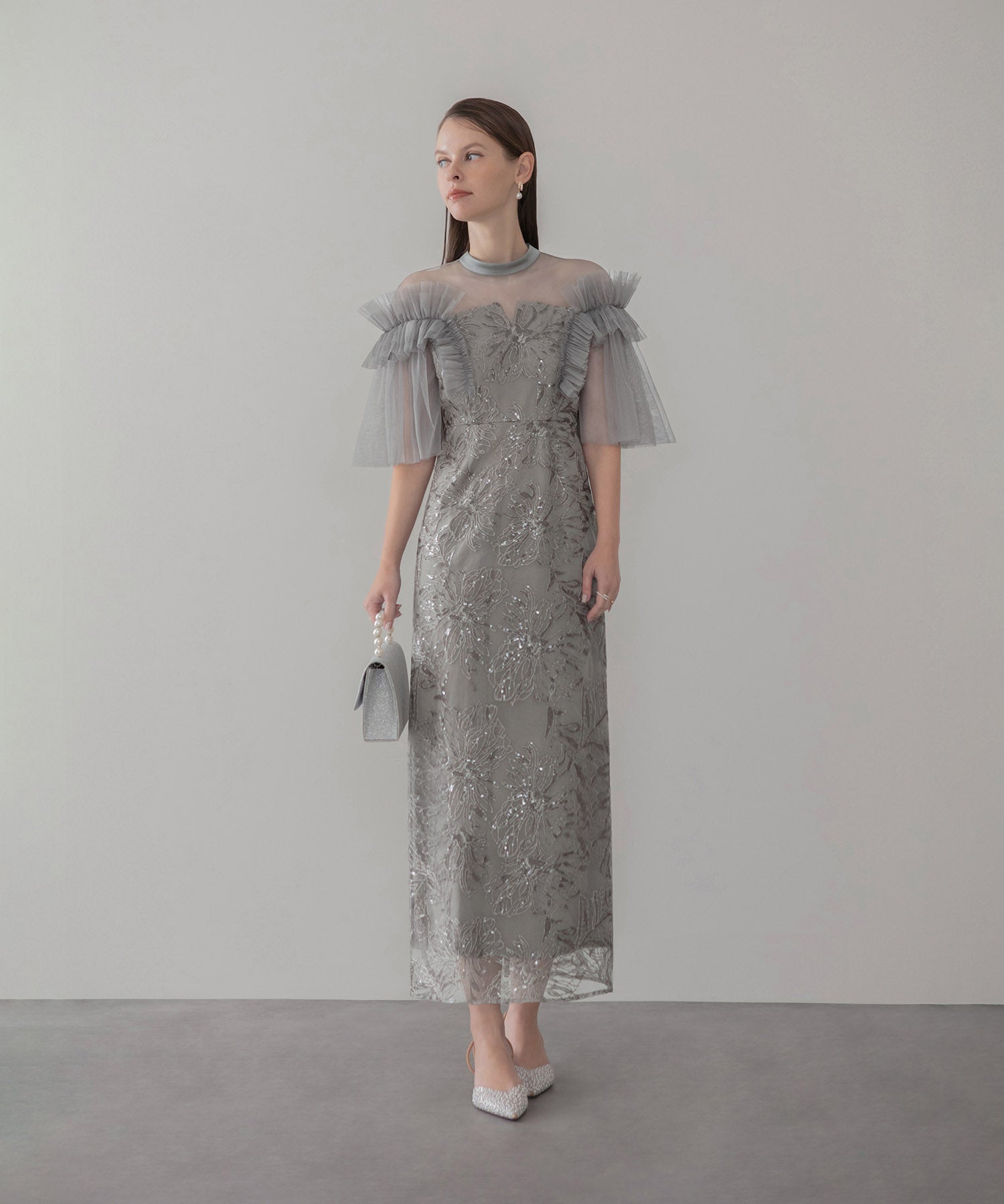 【当日発送】チュールフリルショルダーシアーIラインワンピースドレス