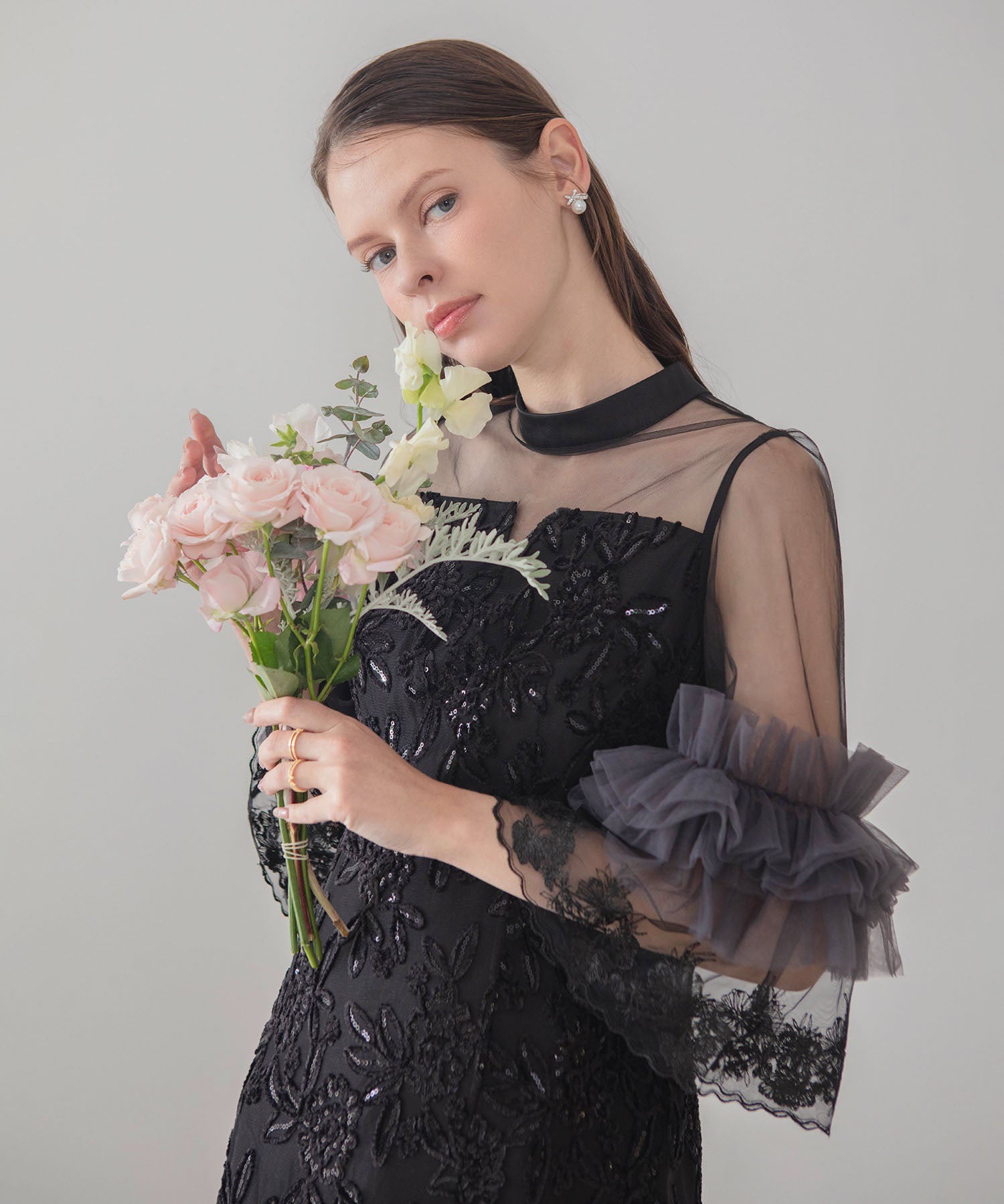 【COMING SOON】シアーチュールフラワーレースIラインワンピースドレス