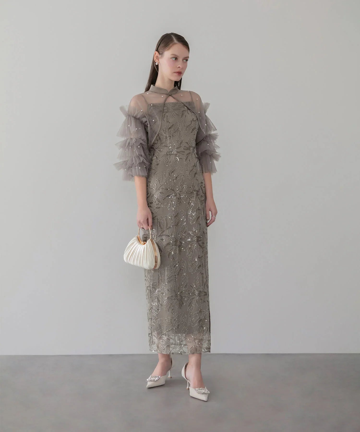 【一部当日発送】パールフリルチュールボレロレイヤードIラインワンピースドレス